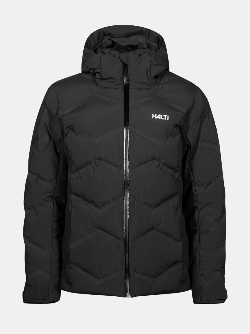 Halti Nordic Arcty II Skijacka Dam är en svart puffer med huva, dragkedja fram, vattentätt tyg & logga på bröstet.