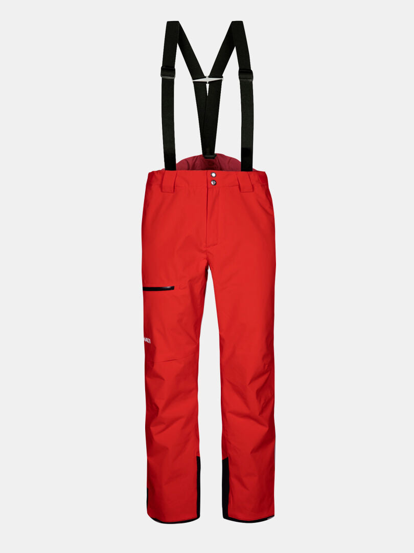 Halti Carvey II DX Skidbyxor Herr: Röd, vattentät, återvunnen polyester, svarta hängslen, ficka med dragkedja, förstärkta ben.