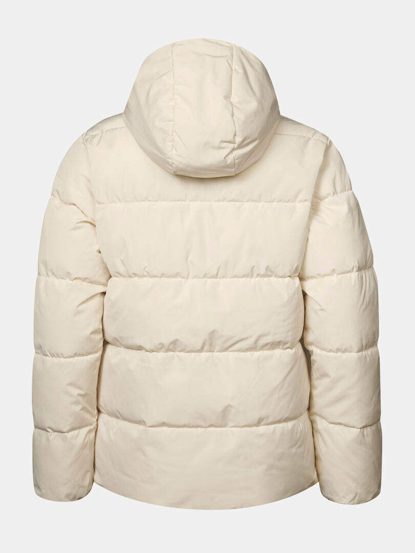 Baksidan av den krämfärgade, vadderade skidjackan Ascloud Puffer Skidjacka Dam Plus med huva.