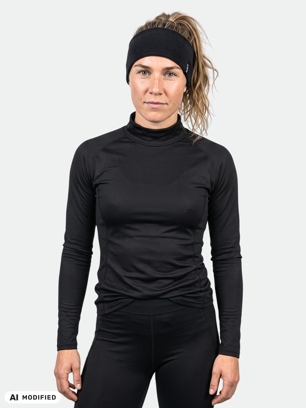 En person som bär ett svart Halti Prime Dam Baslager-set med hög krage, leggings och ett pannband.