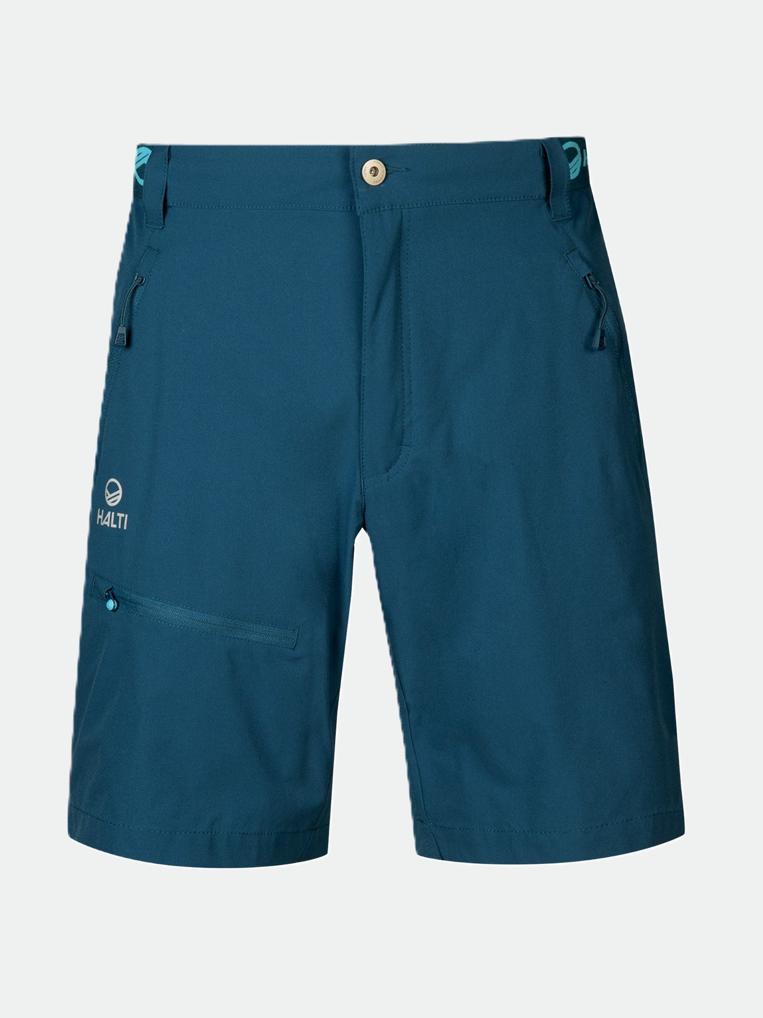 Halti Pallas Herr X-stretch Lite Shorts, blå med fickor med dragkedja och knappstängning, visas på vit bakgrund.