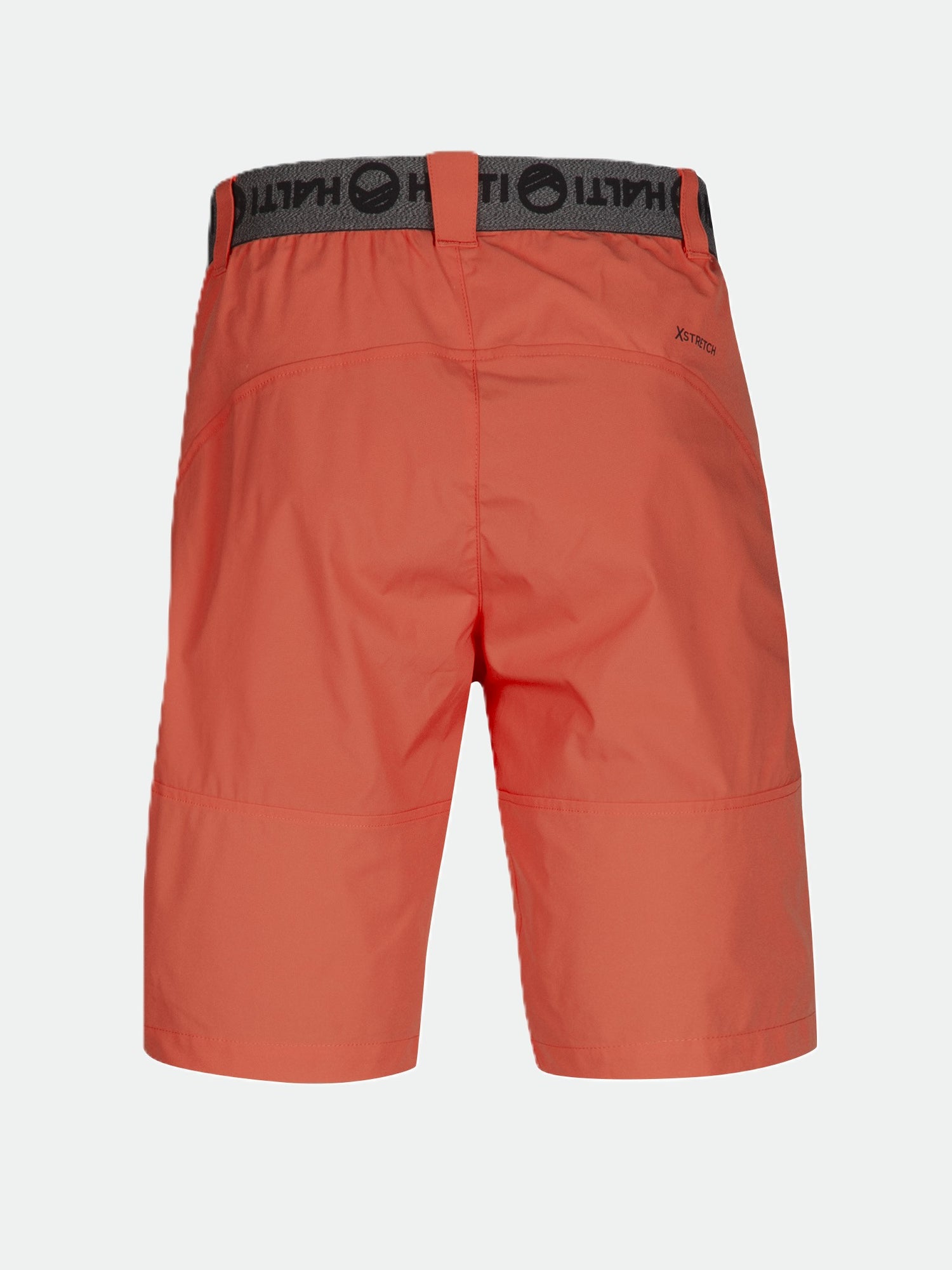 Bakifrån på Halti Pallas Herr X-stretch Lite Shorts med svart och grått midjeband, mot en vit bakgrund.