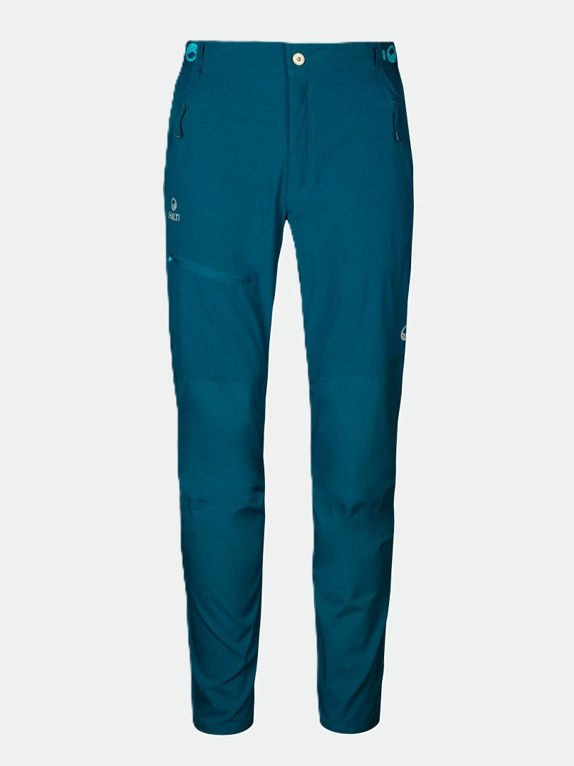 Halti Pallas Herr X-stretch Lite Byxor: blågrön friluftsbyxa med blixtlåsförsedda fickor och snabbtorkande stretchmaterial.