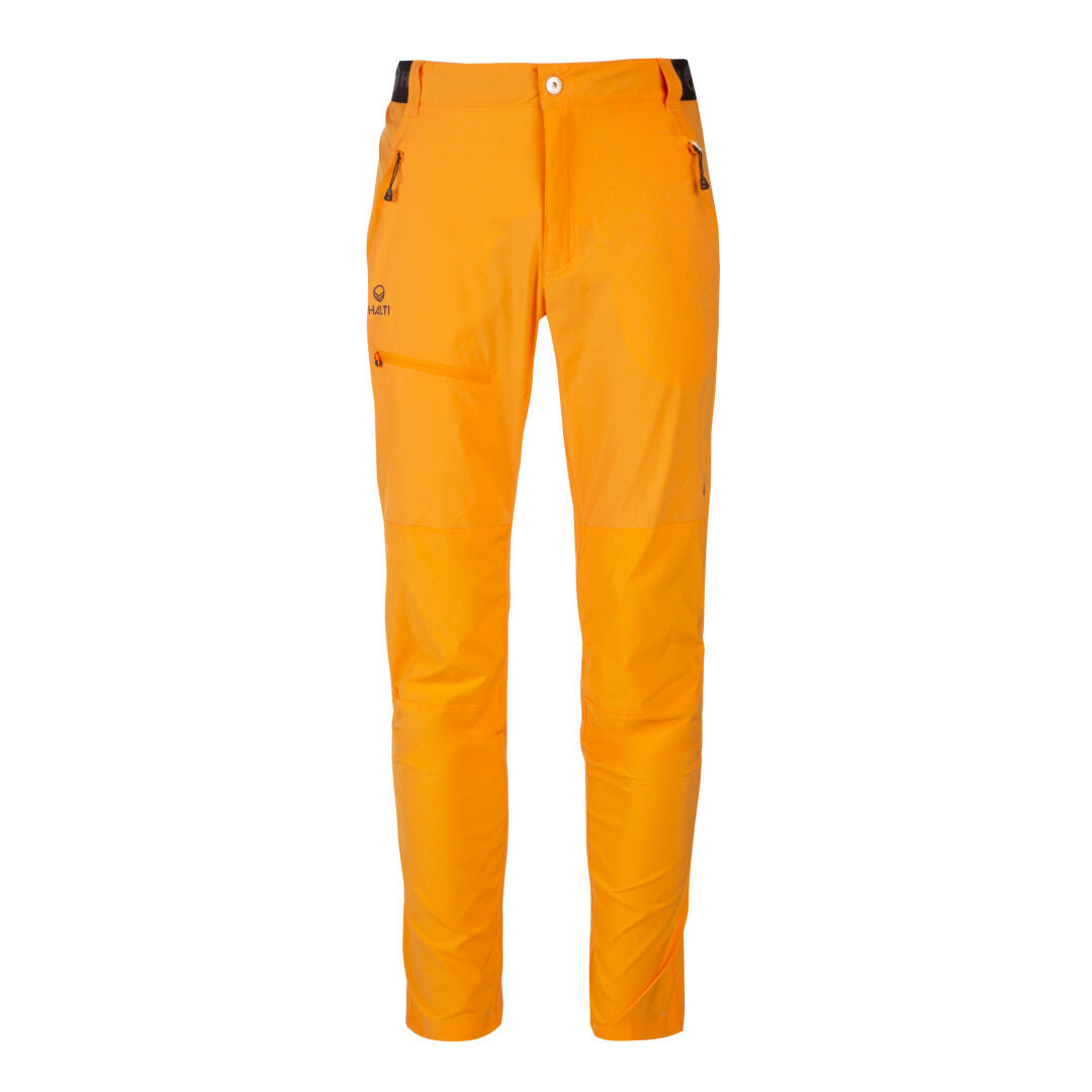 Halti Pallas Herr X-stretch Lite Byxor-ljusorange vandringsbyxor med blixtlåsförsedda fickor och svarta detaljer, på vit botten.