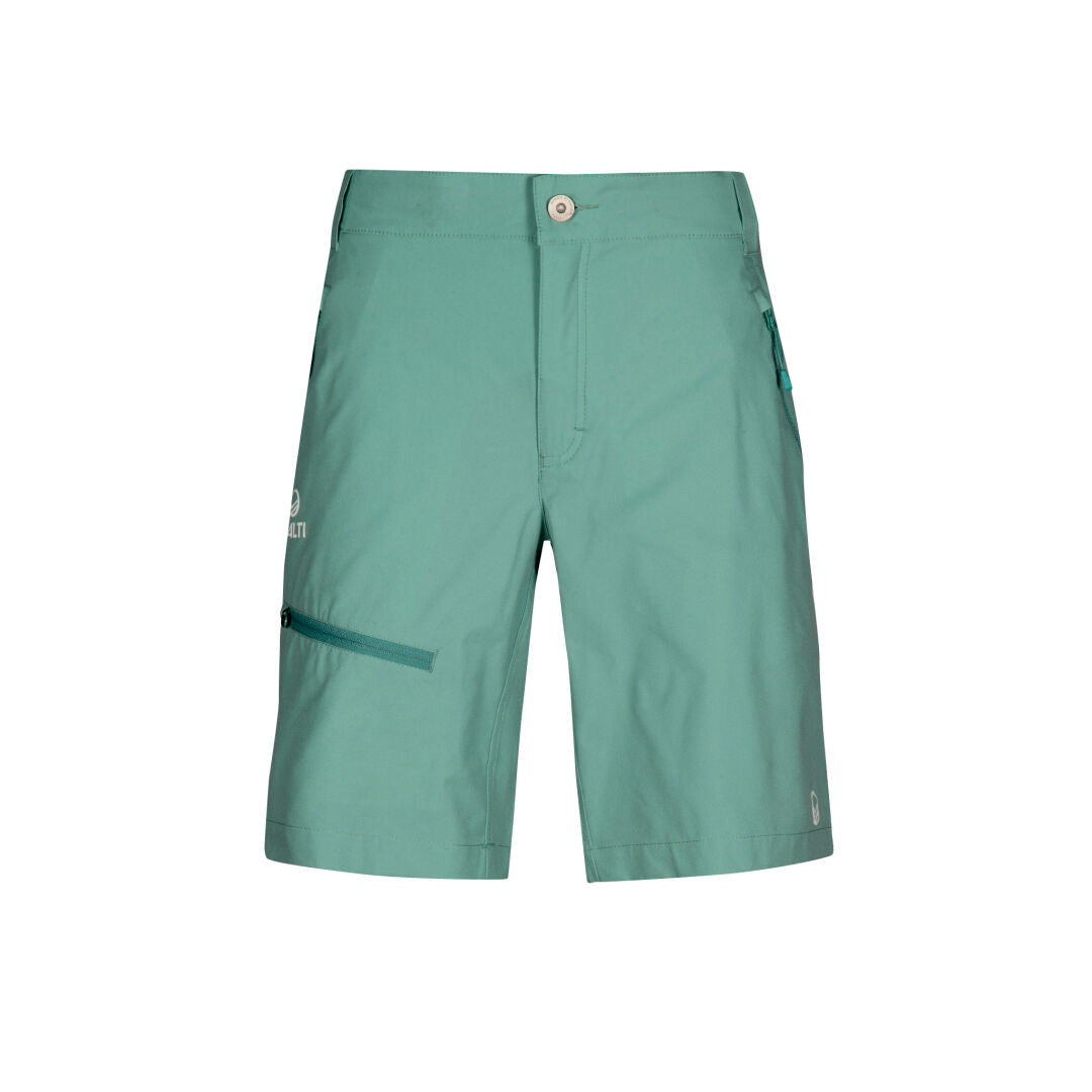 Halti Pallas Dam X-stretch Lite Shorts i blågrönt, Active Dry, knapp fram, sidoficka med dragkedja, vit logotyp på vänster ben.