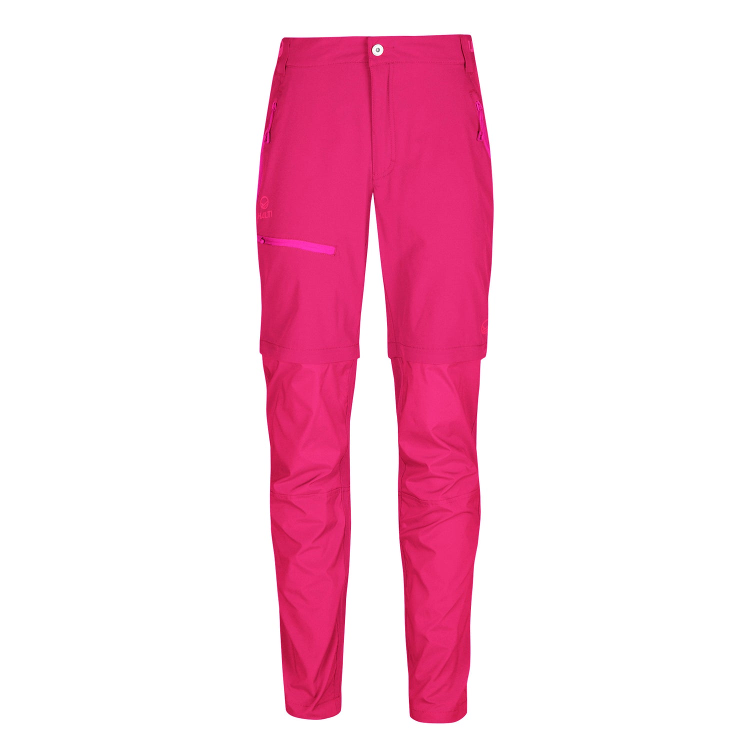 Klarrosa Halti Pallas Dam X-stretch Lite Zip-off byxor med fram- och sidfickor, mot vit bakgrund.