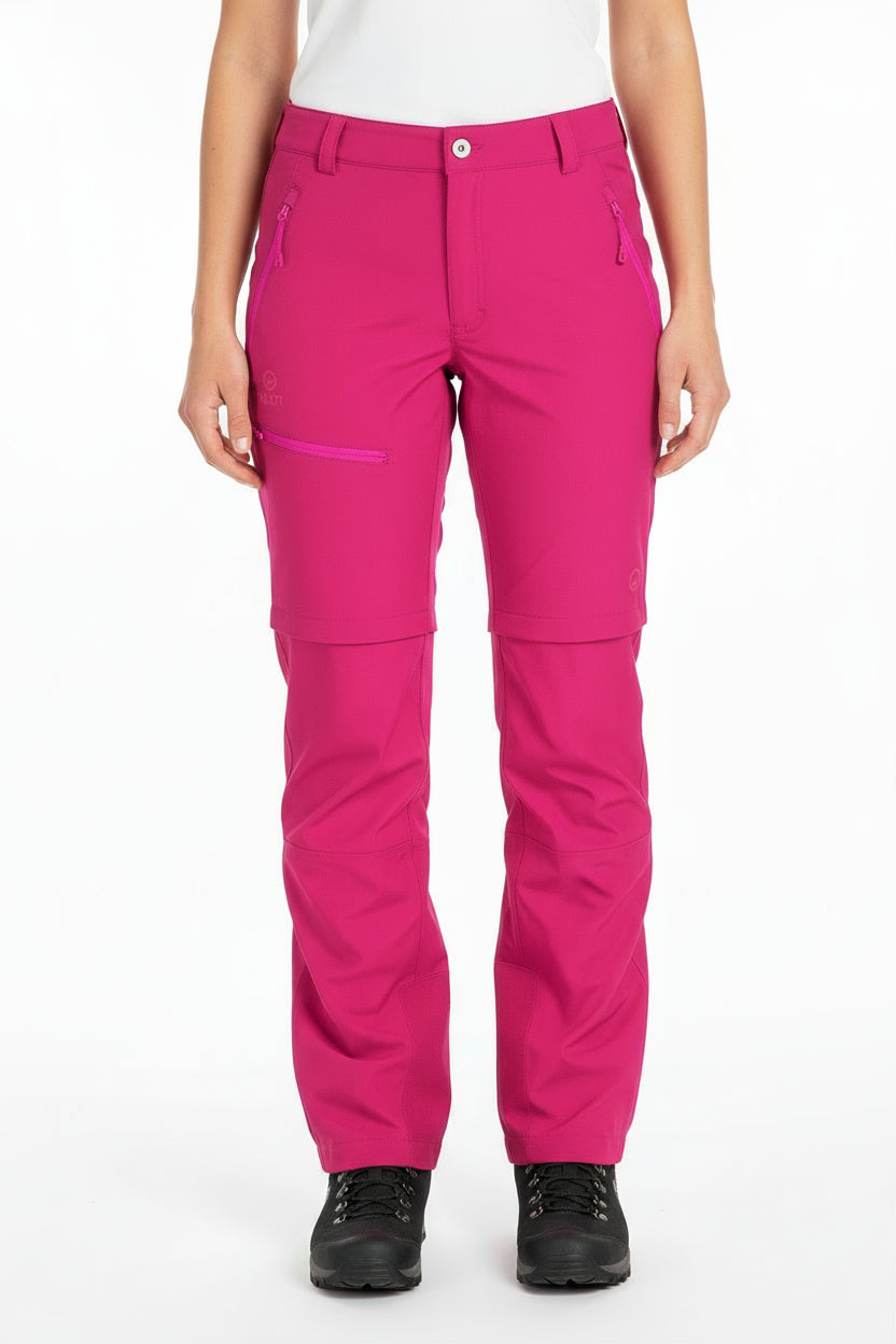 Klarrosa Halti Pallas Dam X-stretch Lite Zip-off byxor med fram- och sidfickor, mot vit bakgrund.
