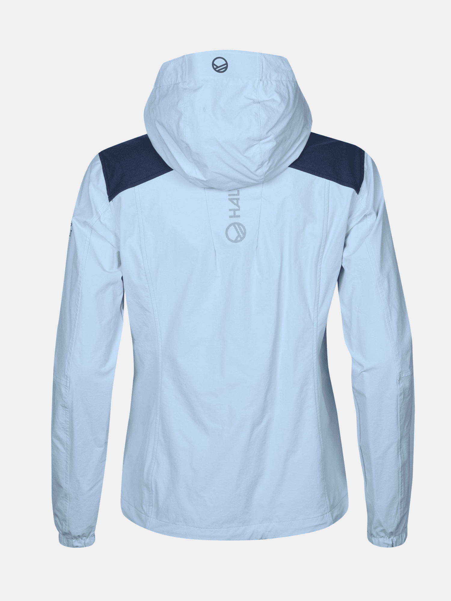 Ljusblå Halti Pallas II Dam X-Stretch Jacka med mörkblå paneler, visad bakifrån mot vit bakgrund.