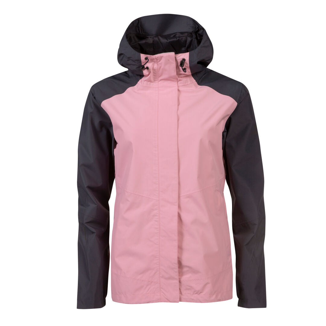 Halti Fort DX Skaljacka Dam är en rosa skaljacka med svarta ärmar, tillverkad av återvunnen polyester, visad framifrån.