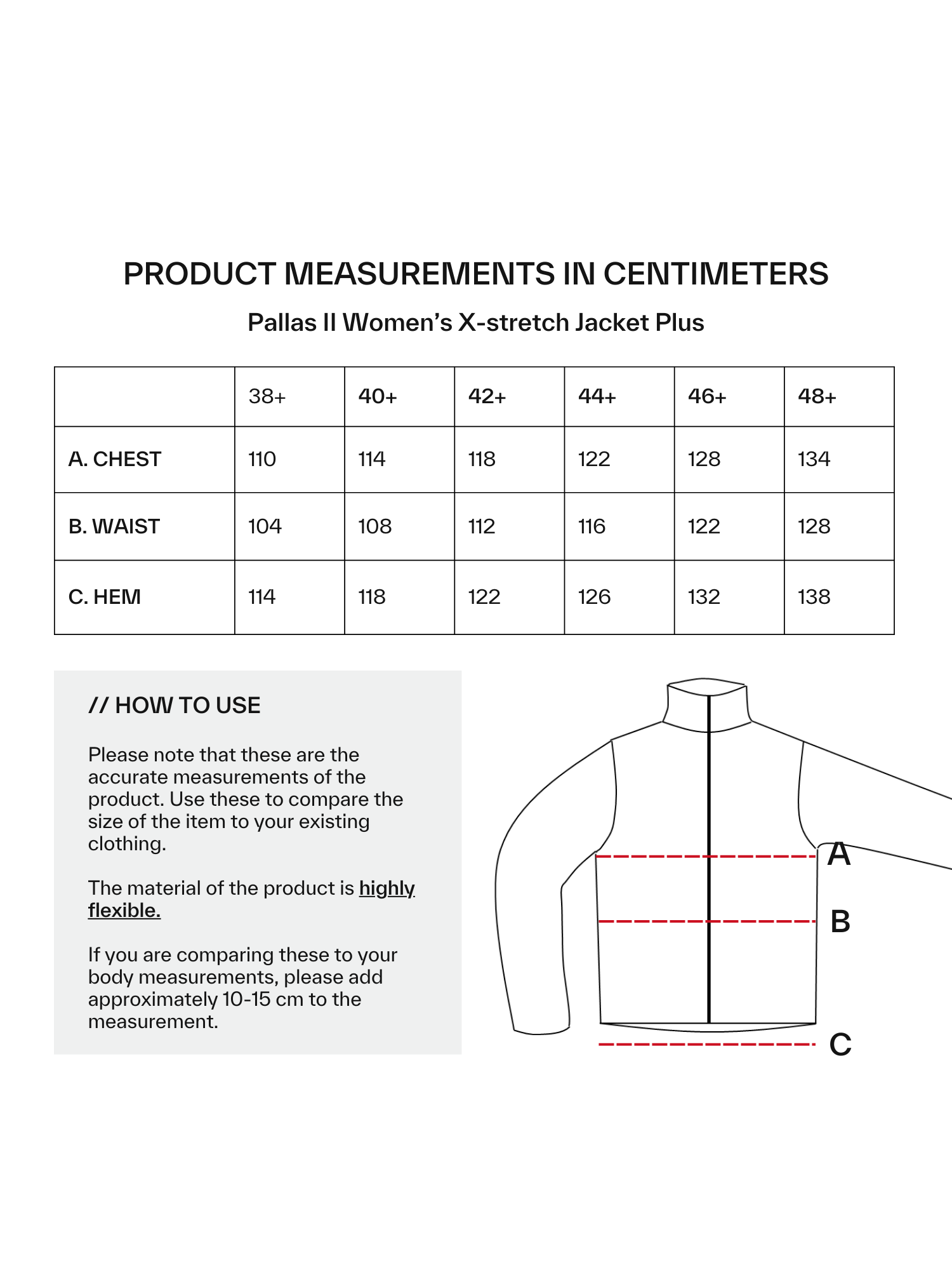 Storlekstabell för Halti Pallas II Plus Dam x-stretch Jacka: bröst, midja och fåll (cm) med A-, B- och C-diagram inkluderade.