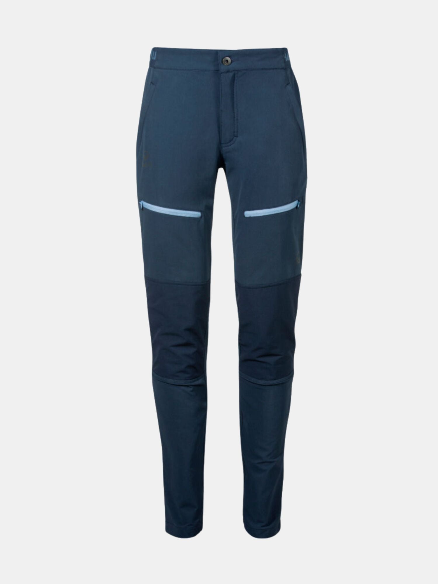Halti Pallas II Dam Warm X-Stretch byxor i marinblå färg med ljusblå dragkedjor och mörka knän, perfekt för friluftsliv.