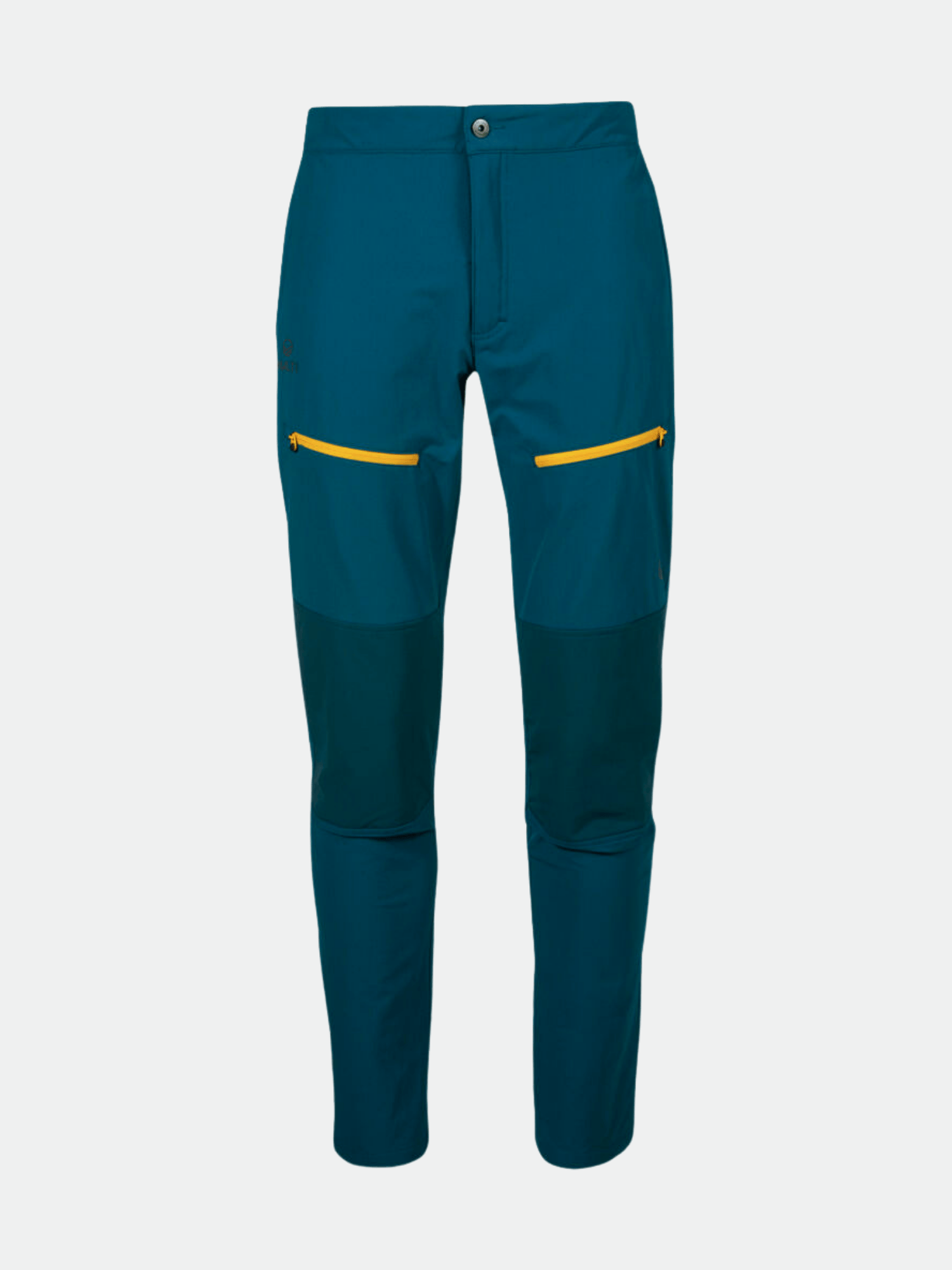 Halti Pallas II Herr Warm X-Stretch byxor i teal med gula fickor med dragkedja, knappstängning och förstärkta knän på vit botten.