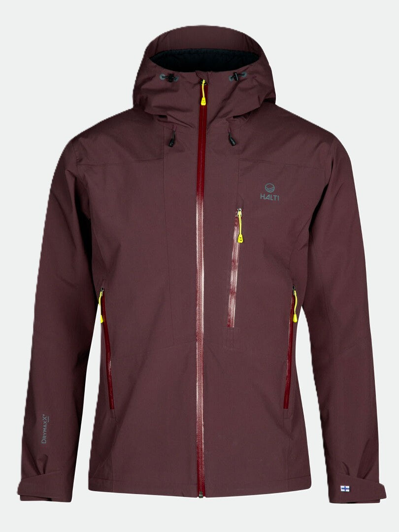 Halti Juonto DrymaxX Skaljacka Herr - maroon, vattentät, huva, gula dragare, bröstficka och Halti-logo.