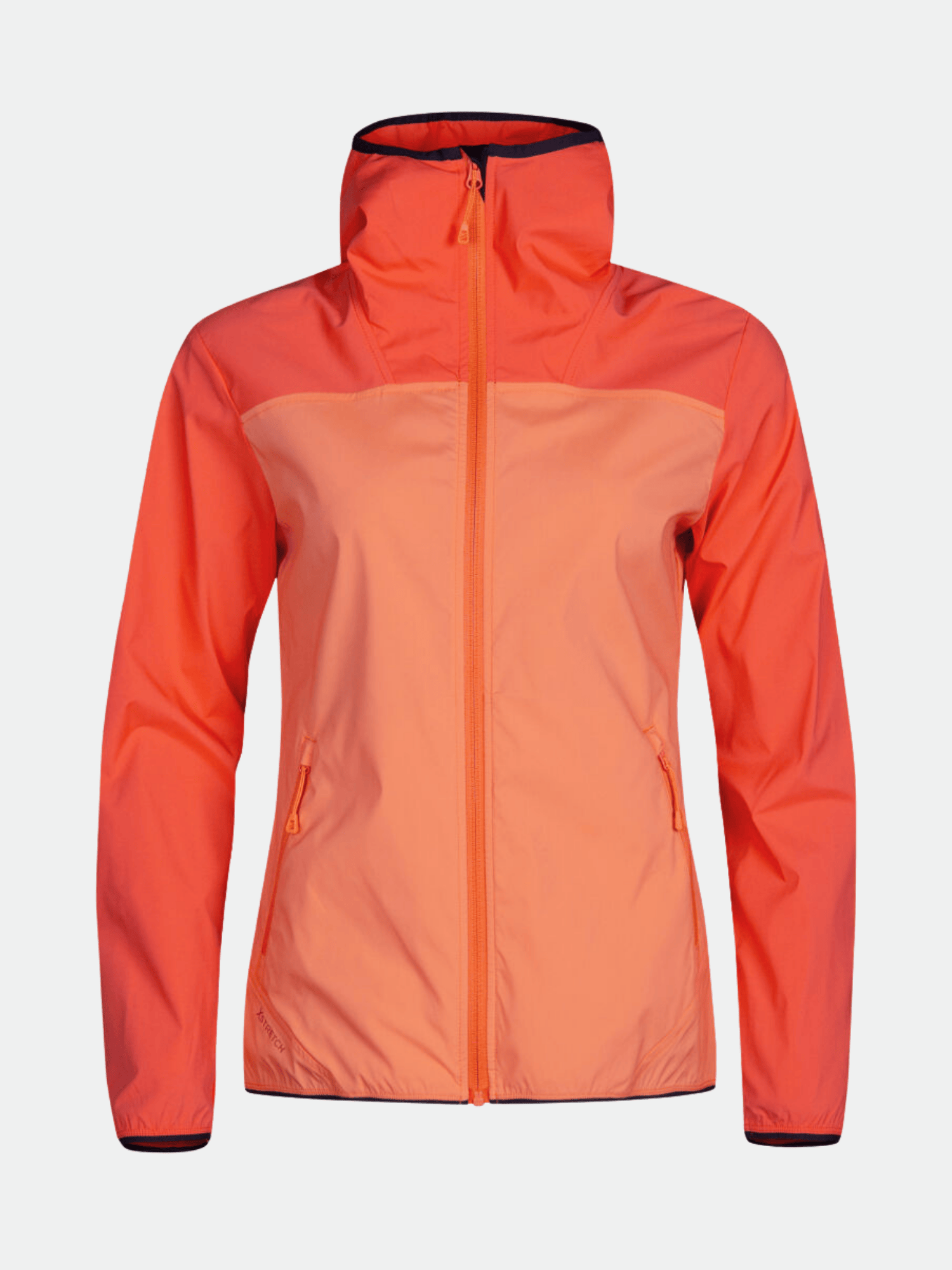 Framsida av Halti Pallas Dam Lite X-stretch Jacka, en orange jacka med dragkedjor och fickor på vit bakgrund.