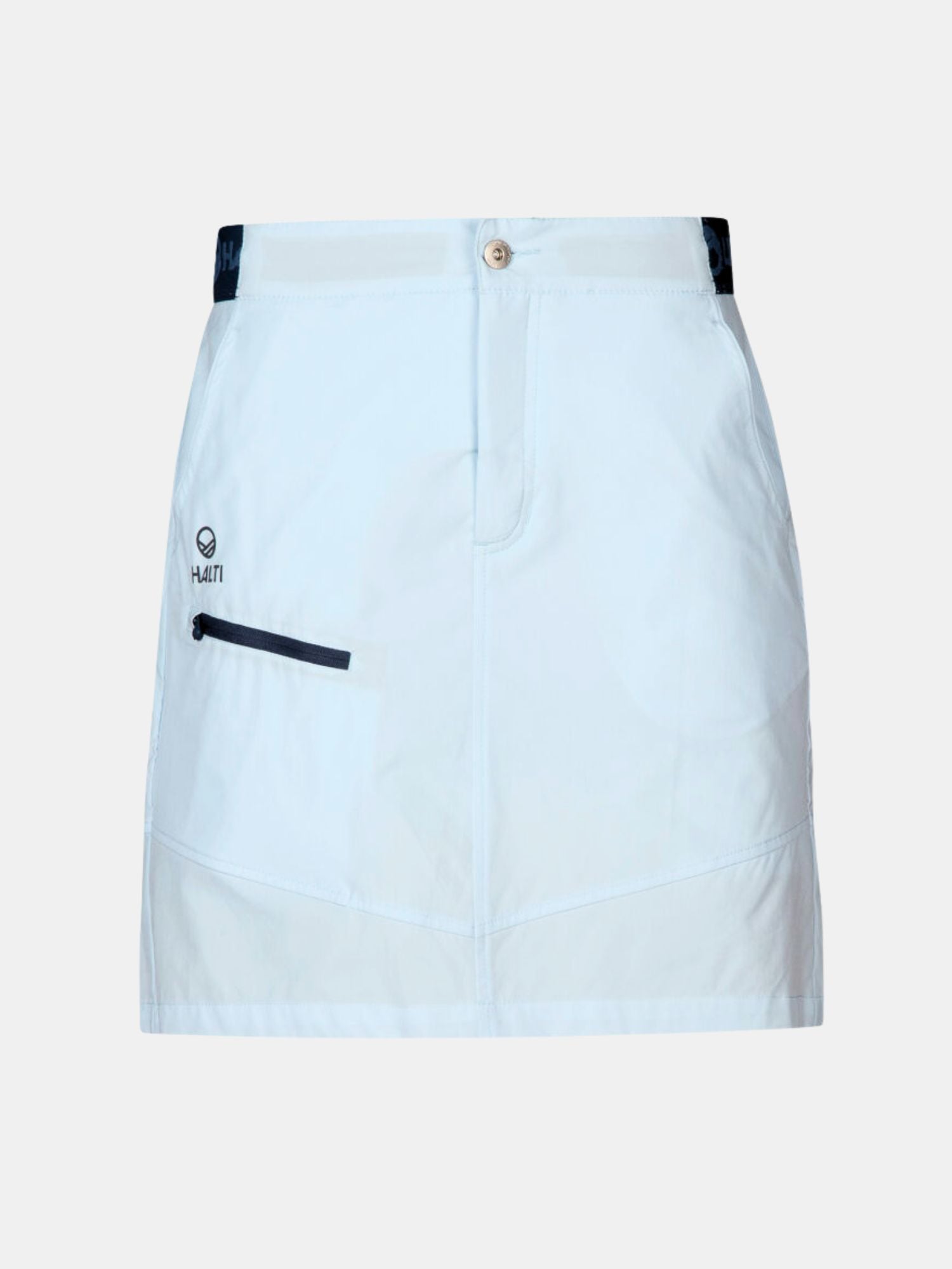 En ljusblå Halti Pallas Dam Lite X-stretch Kjol med knapp fram, dragkedja, logotyp och Quick Dry-material.