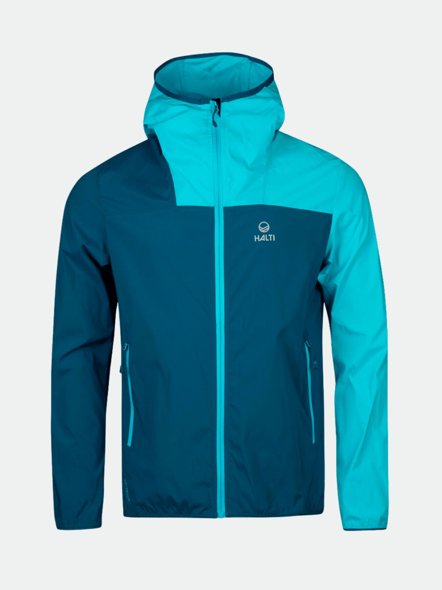 En blågrön Pallas Herr Lite X-stretch jacka från Halti, tillverkad av återvunnet material, visas på enfärgad bakgrund.