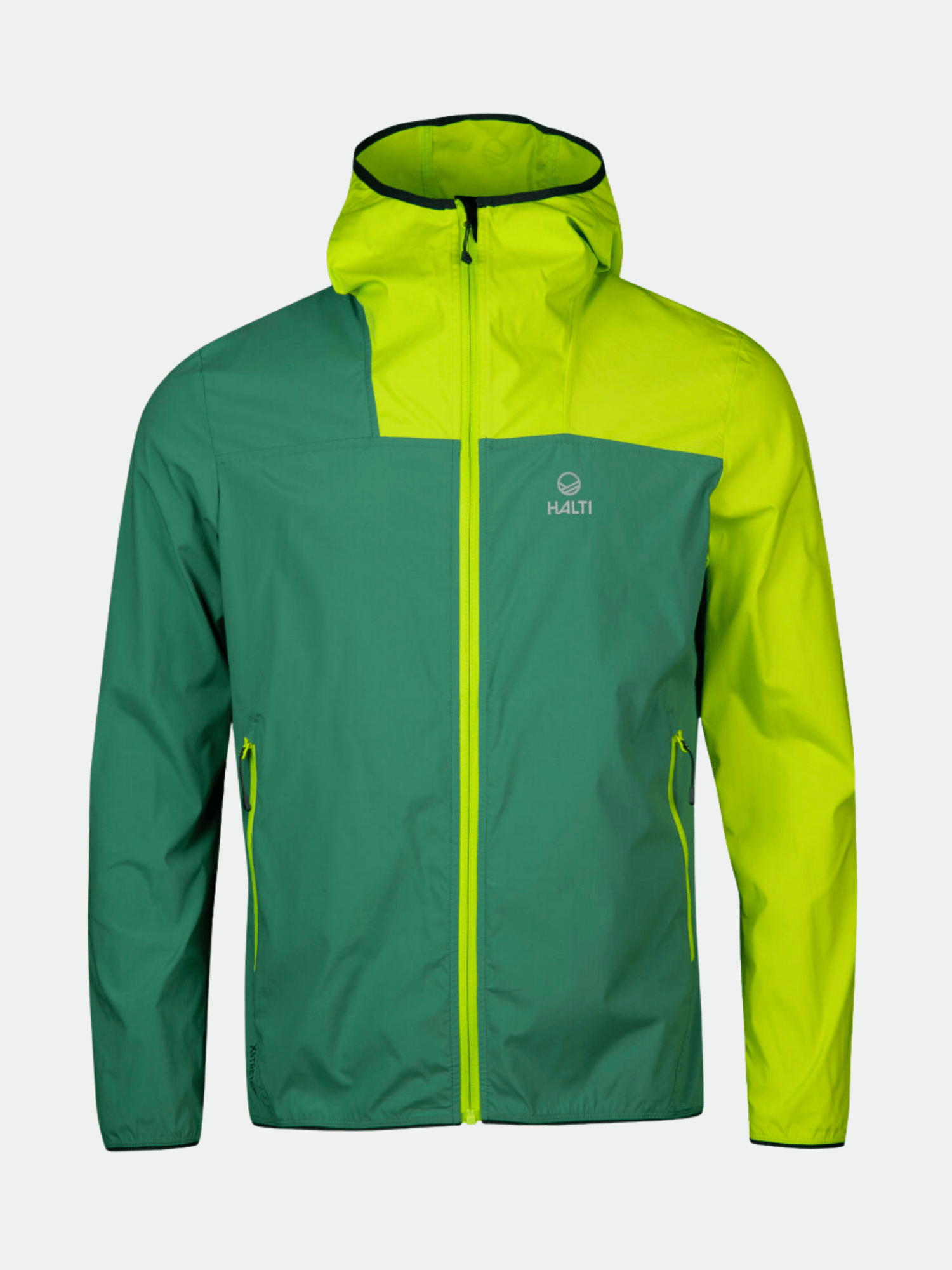 Halti Pallas Herr Lite X-stretch Jacka är en gröngul herrjacka med blixtlåsfickor, perfekt för vandring.