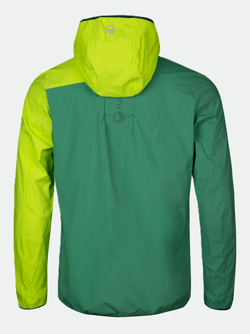 En tvåfärgad grön Halti Pallas Herr Lite X-stretch Jacka i återvunnet tyg, visad bakifrån.