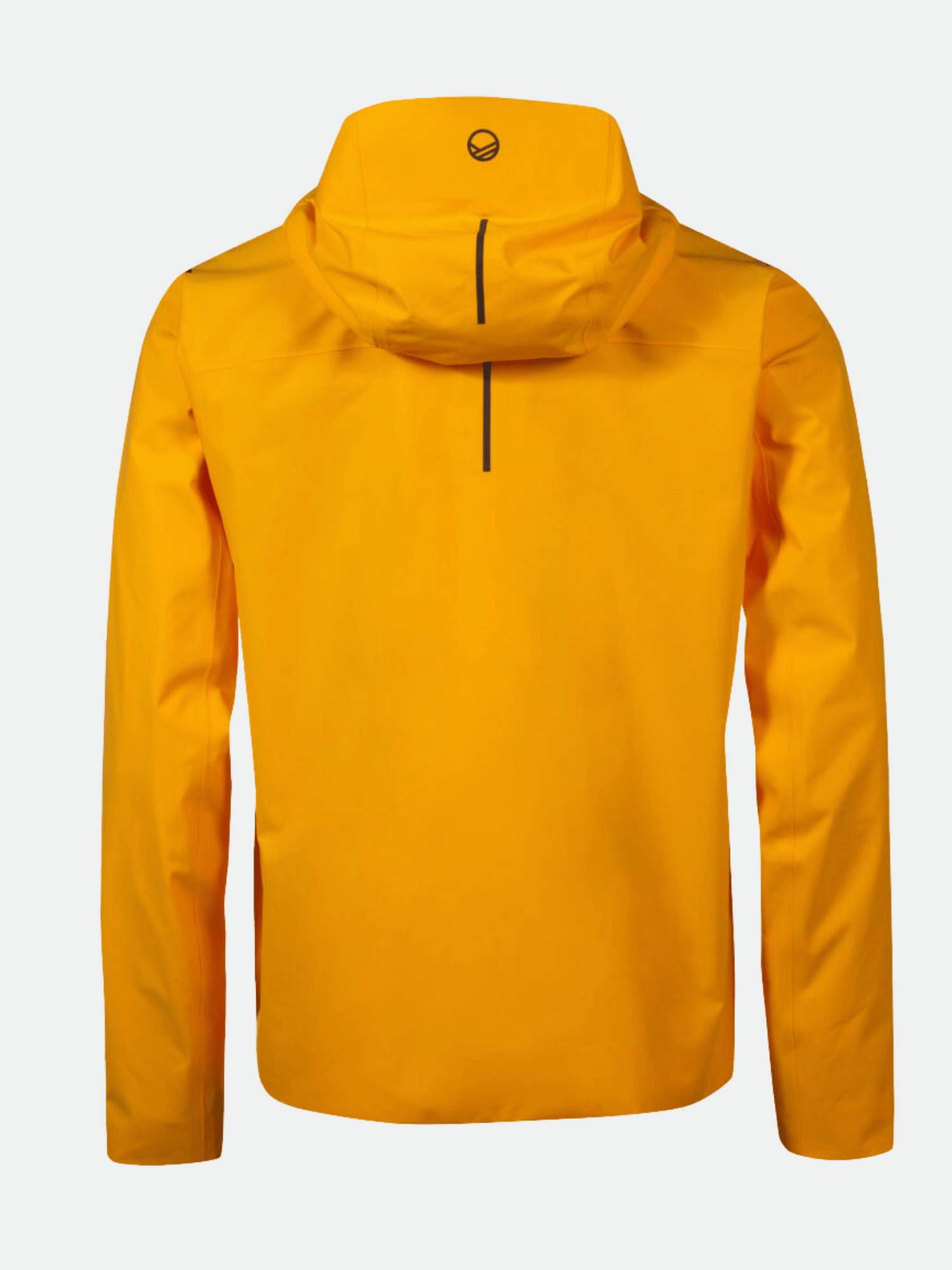 Bakifrån på Halti Nummi Herr DrymaxX Skaljacka, gul med svart rand och logotyp, med vattentät membran.