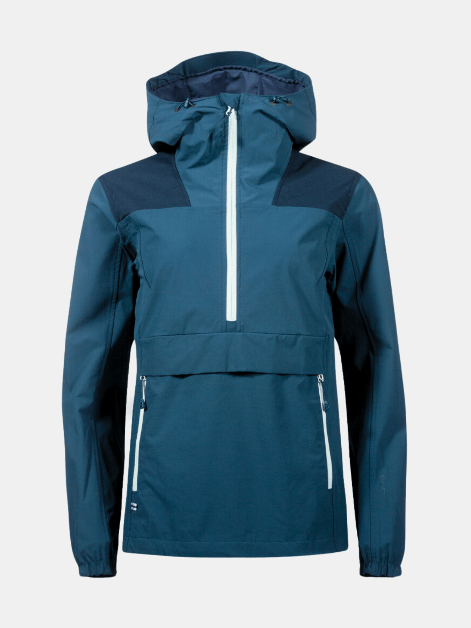 Framifrån av Halti Pallas Dam X-stretch Anorak i blått med vita dragkedjor, visad mot en slät bakgrund.