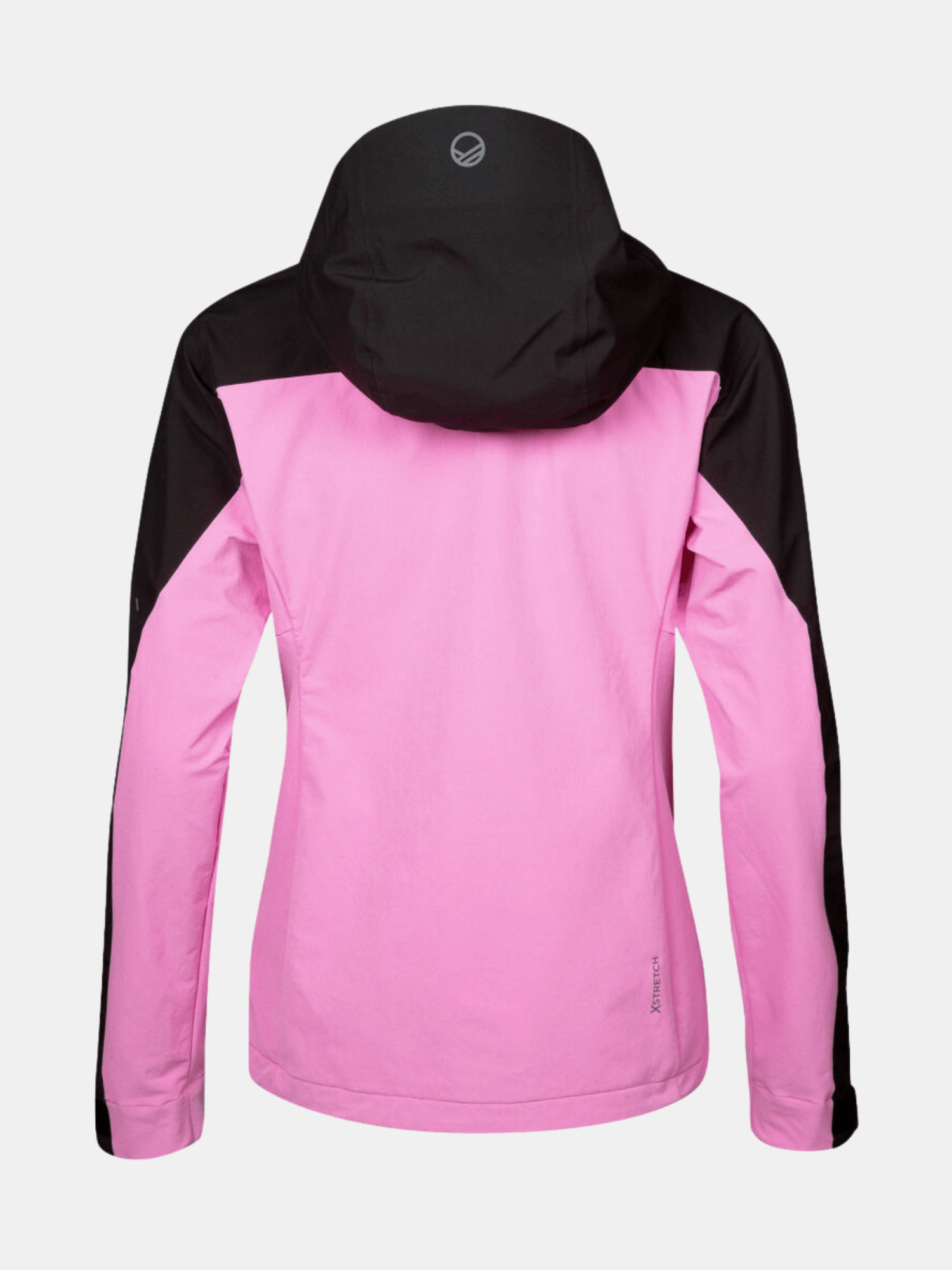 En rosa Halti Pallas Plus III Dam Warm Hybrid-jacka i plus size, med svarta axlar och huva, sedd bakifrån.