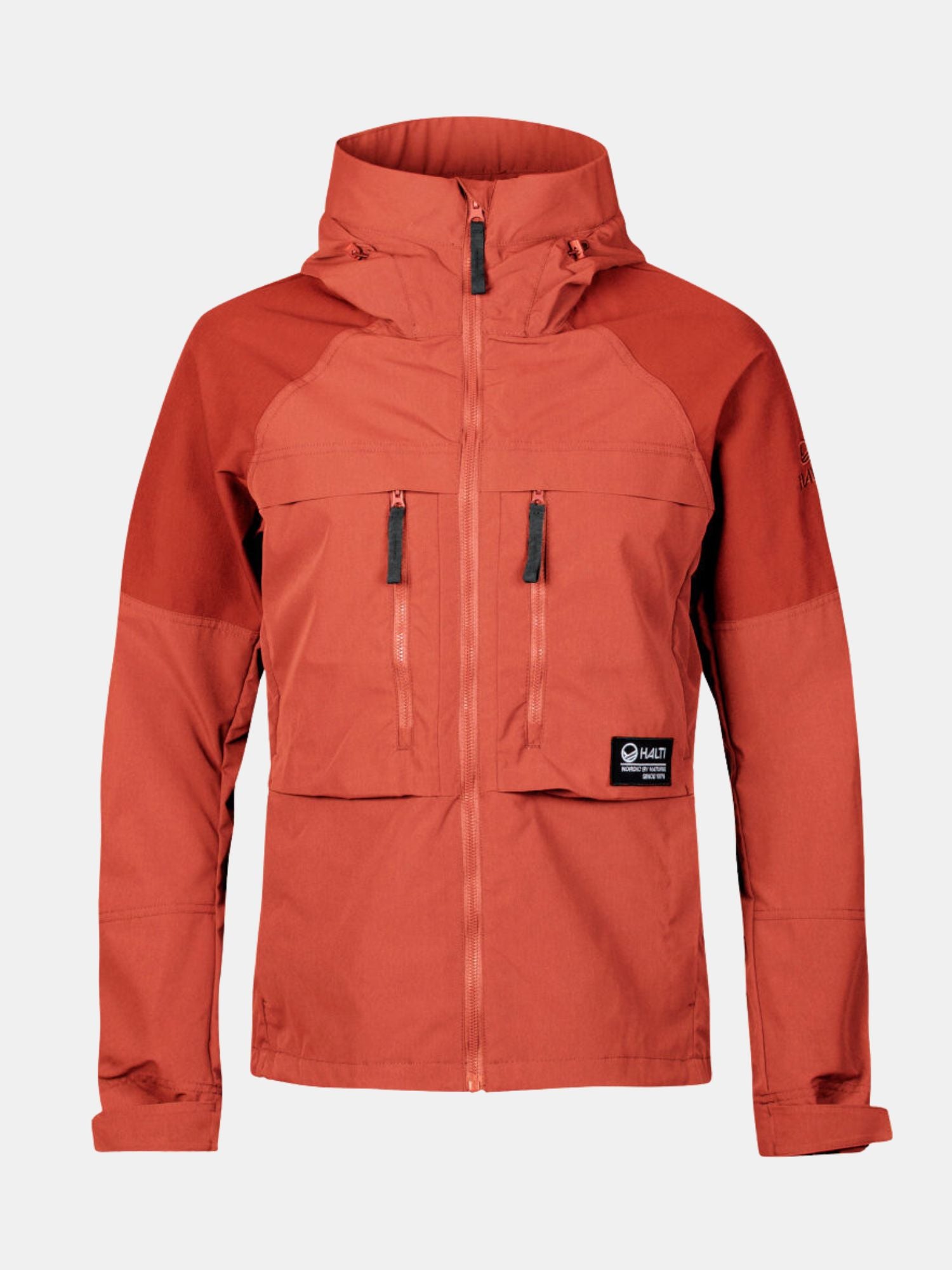 En rostfärgad Halti Hiker Lite Outdoor Jacka Dam med huva, dragkedja fram, bröstfickor med dragkedja och svart logopatch.