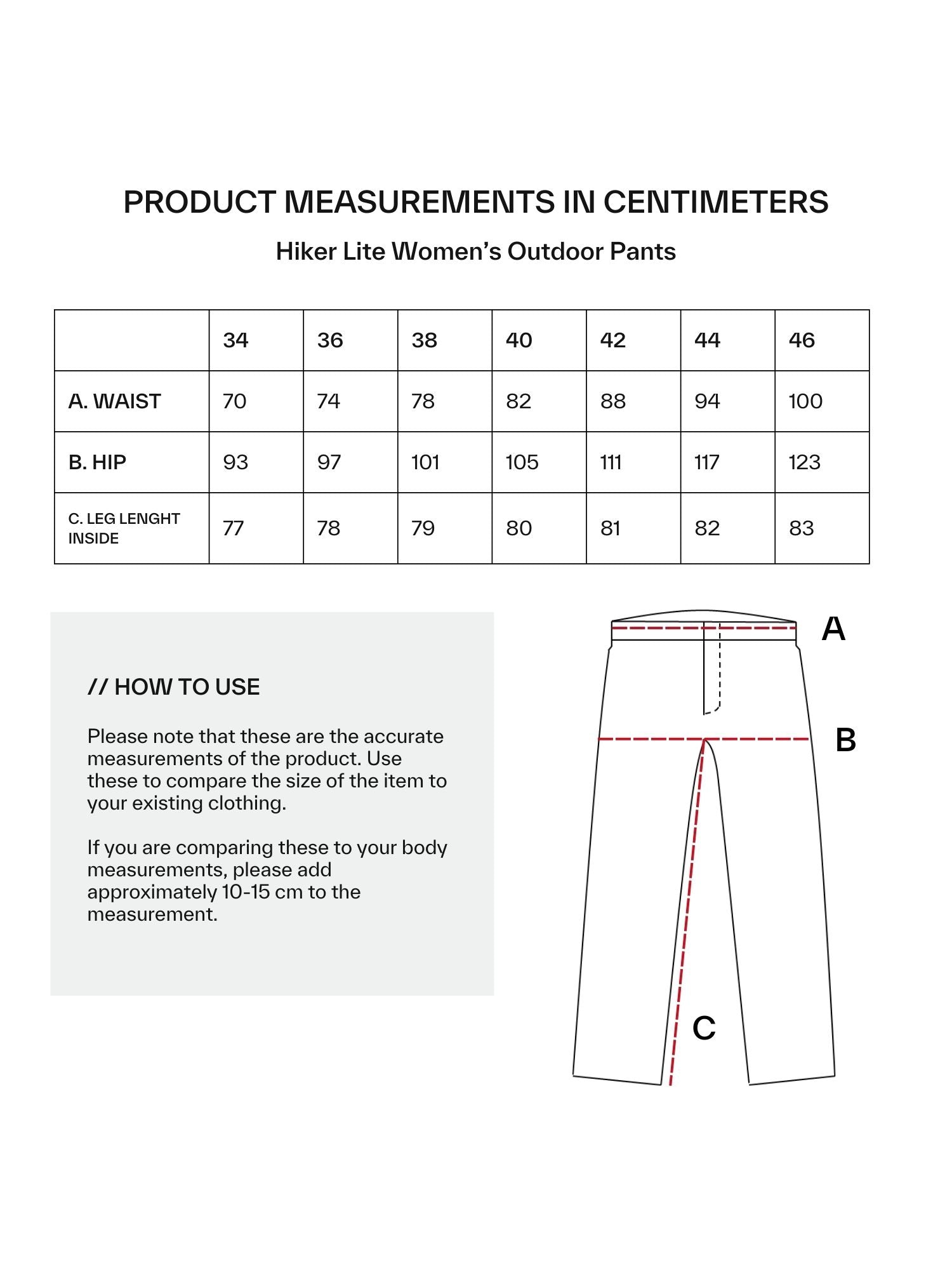 Storlekstabell för Halti Hiker Dam Lite Outdoor Byxor, med detaljer om midja, höft, innerbenslängd, diagram och mätinstruktioner.