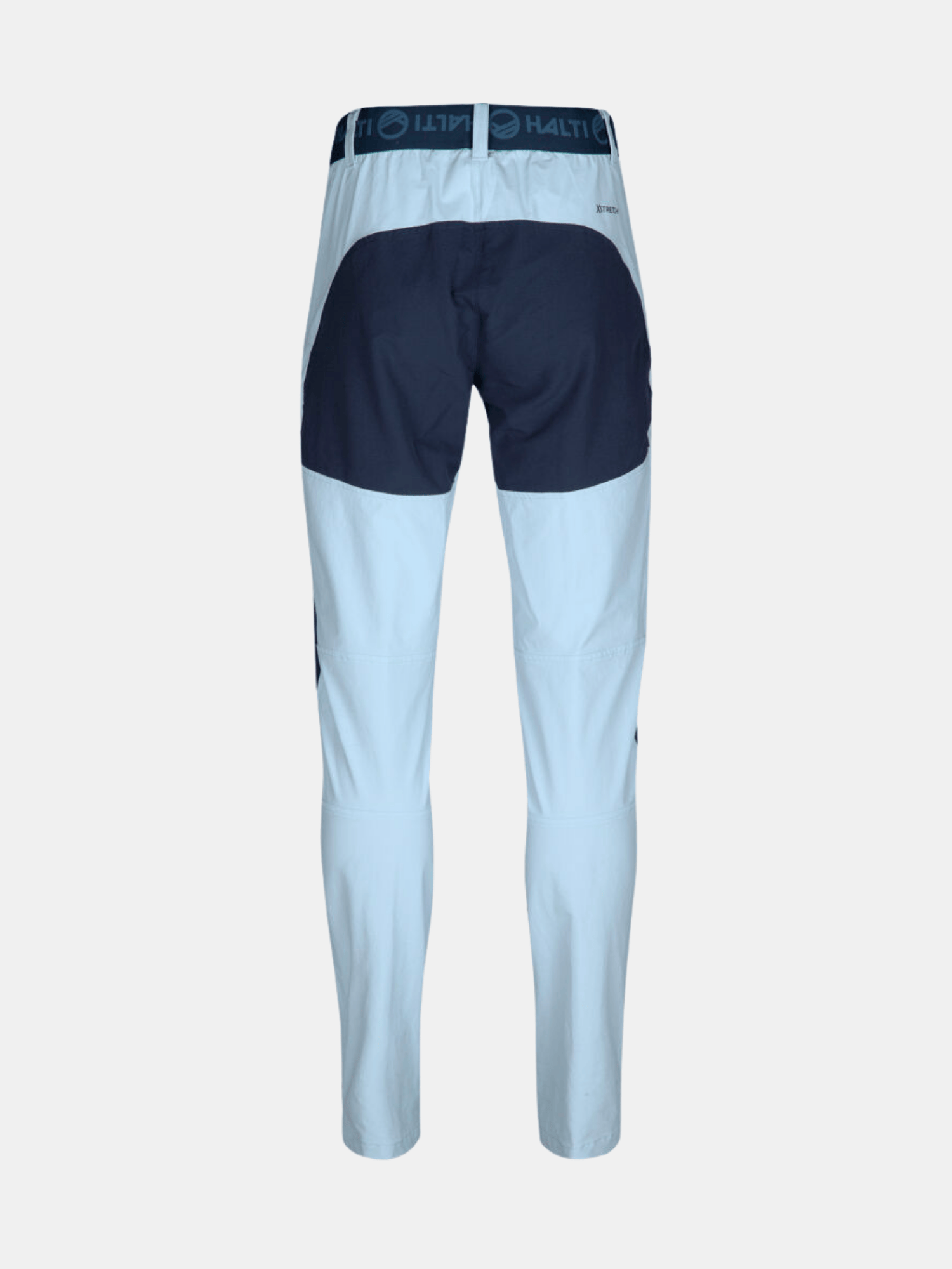 Baksidan av Halti Pallas II Dam X-stretch Outdoor Byxor i ljusblått med mörkblå sits och HALTI i midjebandet.