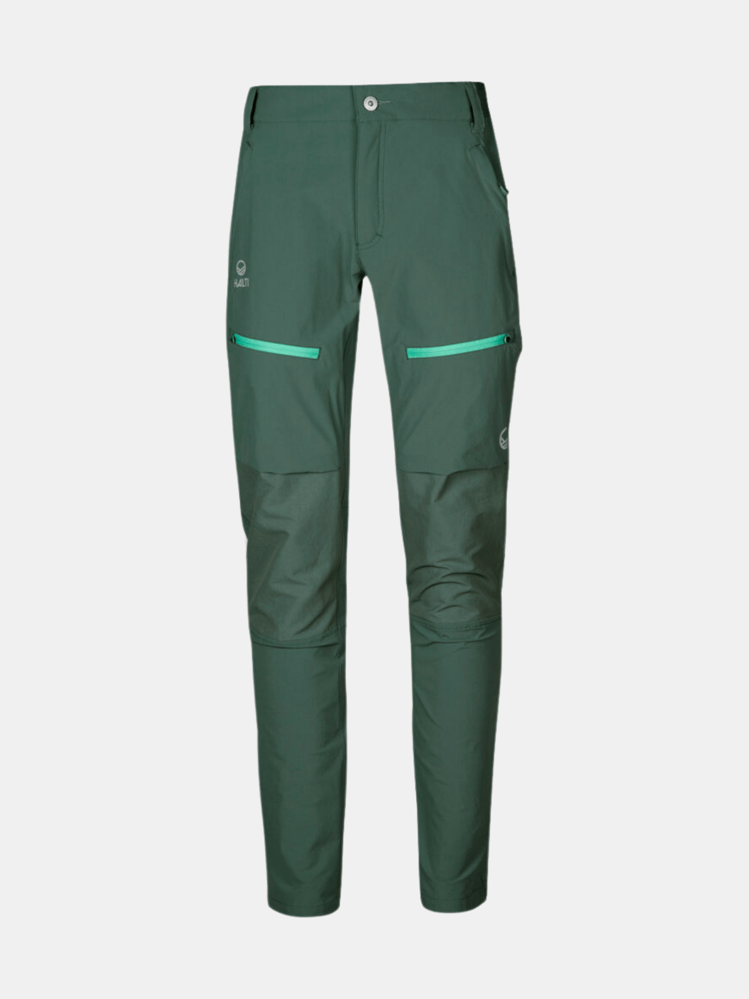Halti Pallas II Dam X-stretch Outdoor Byxor i mörkgrönt med dragkedja på lårfickor och förstärkta knän.