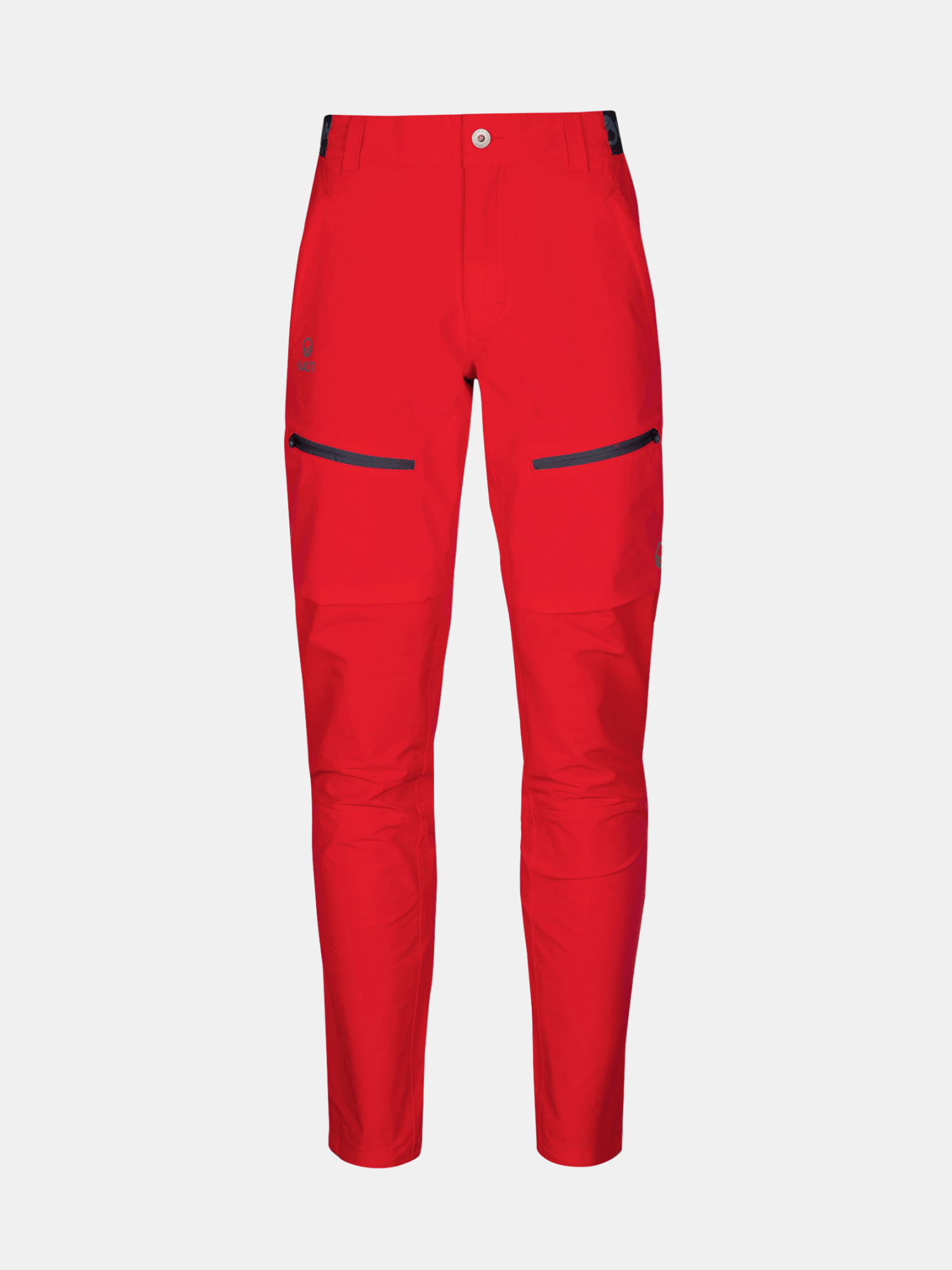 Halti Pallas II Dam X-stretch friluftsbyxor i klarrött, med svarta dragkedjor på låren och en vit knapp.