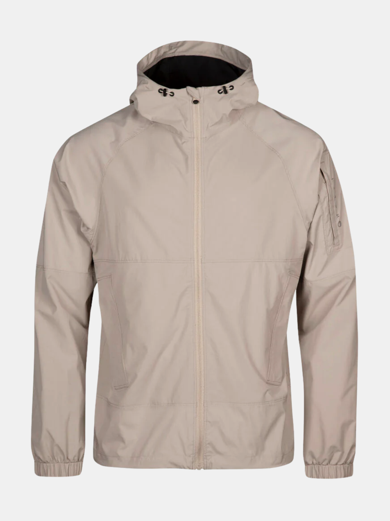 Halti Pallas Herr Jogger Lite Jacka: ljusbeige, stretchig med huva, dragkedja & fickor av återvunnet material.