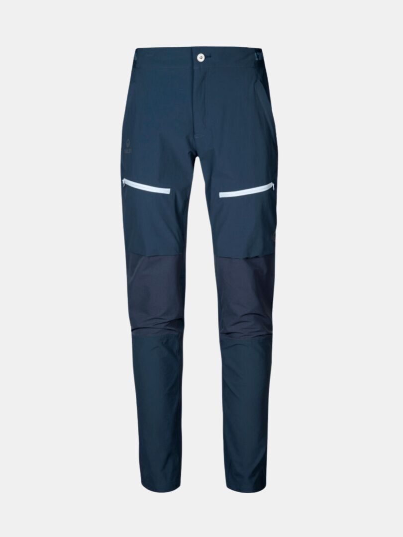 Halti Pallas Plus II Dam X-stretch friluftsbyxor i mörkblått med dragkedjeförsedda fickor och förstärkta knän.