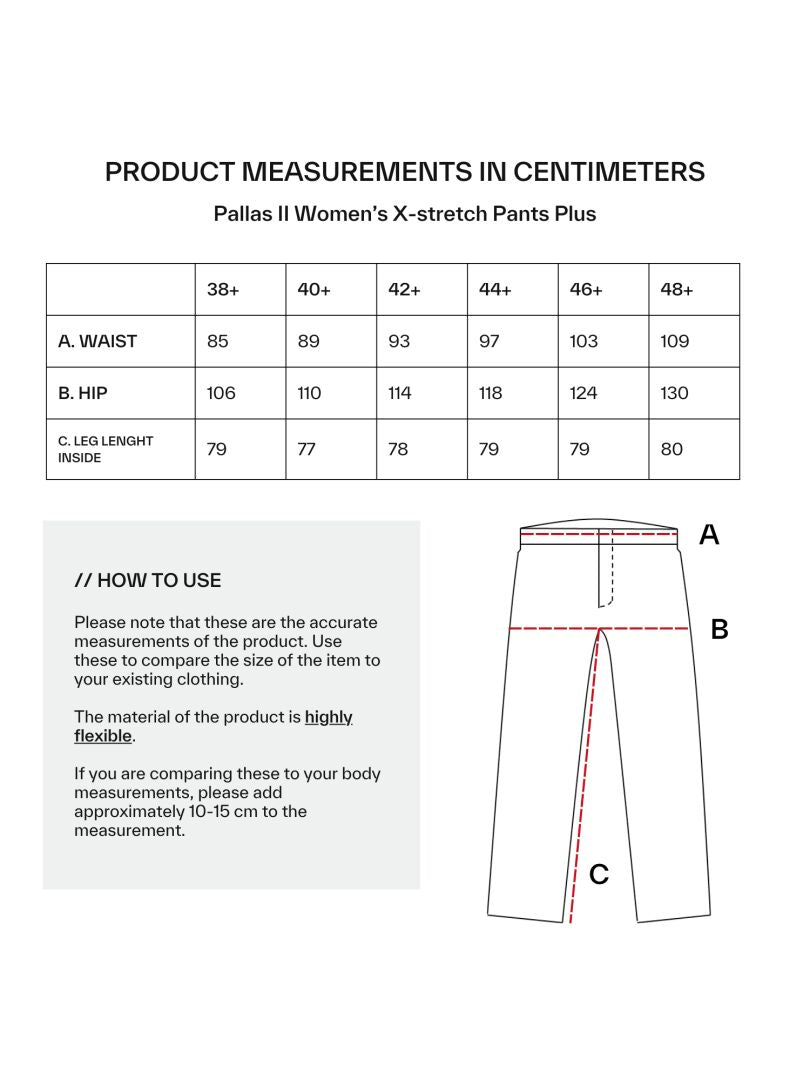 Halti Pallas Plus II Dam X-stretch byxor storleksguide med midja, höft, benlängd (cm), diagram & instruktioner.