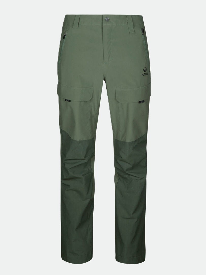 Halti Hiker DrymaxX 3L Ventilated Byxor Herr i olivgrönt med blixtlåsförsedda fickor och förstärkta knän på enfärgad bakgrund.