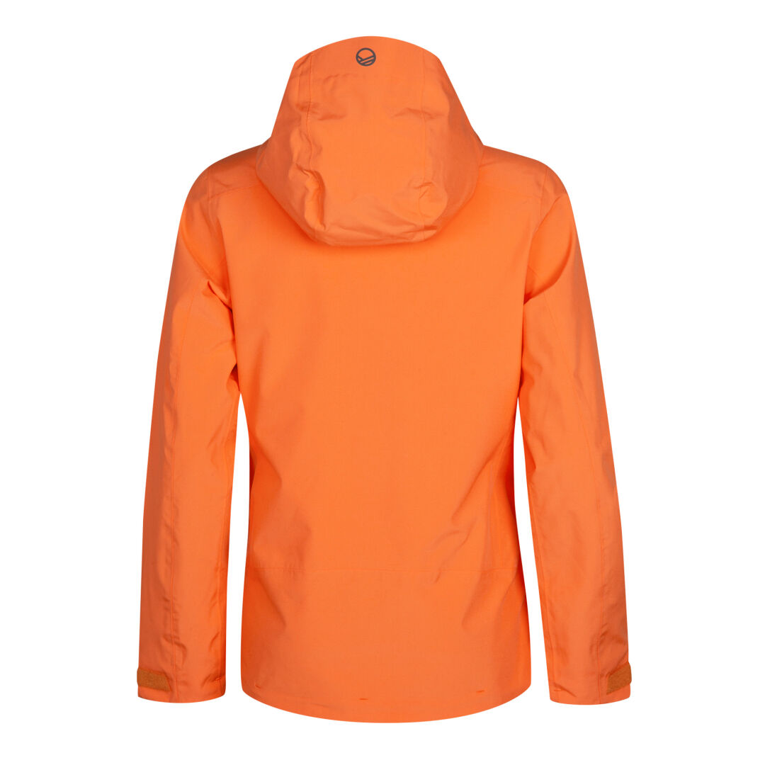 Halti Vattentät Skaljacka Dam Plus i orange visas bakifrån med långa ärmar och en logotyp på huvan.