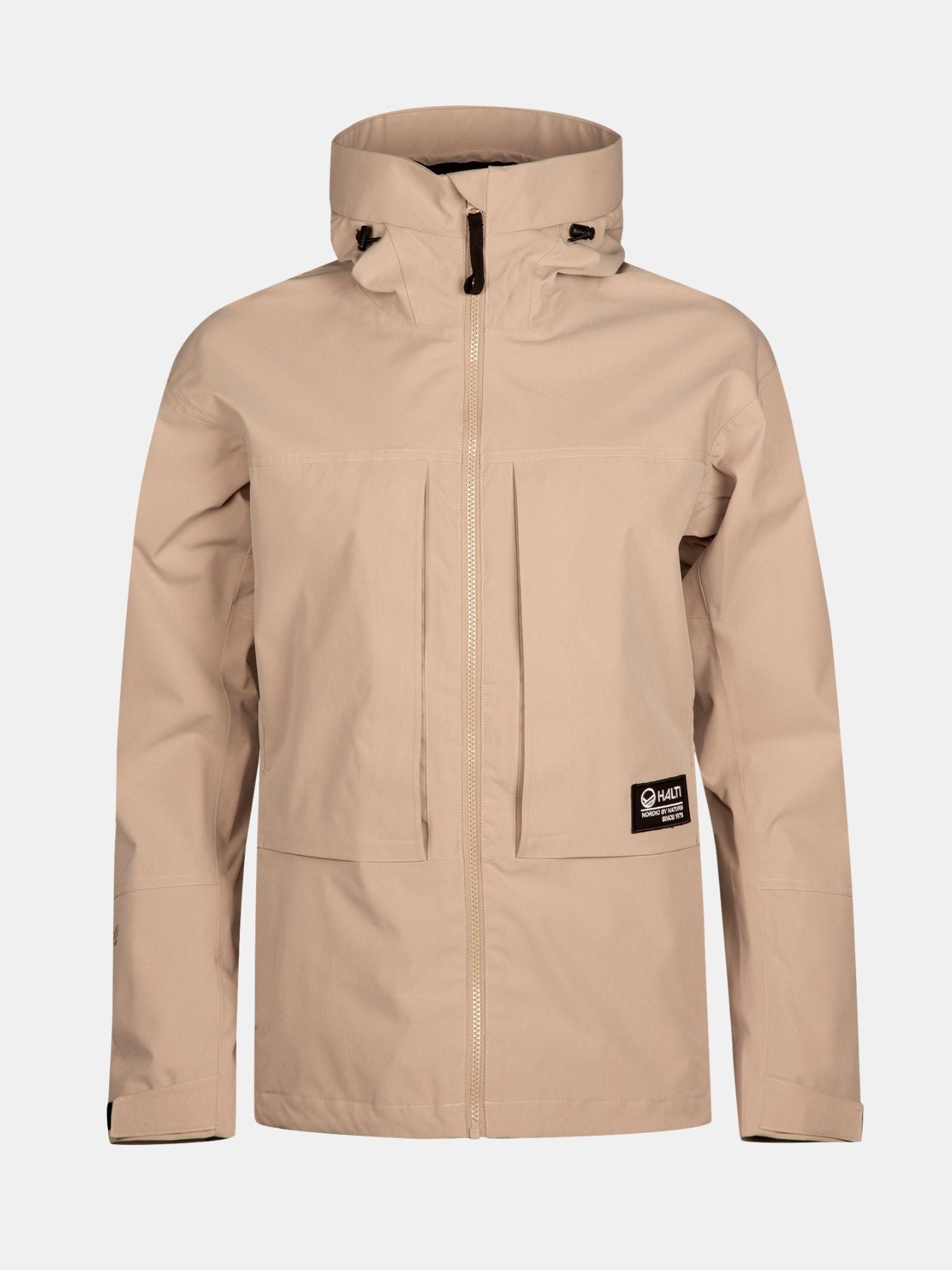 Halti Hiker II DX Skaljacka Dam: beige vattentät jacka med huva, dragkedja, bröstfickor och svart logomärke.