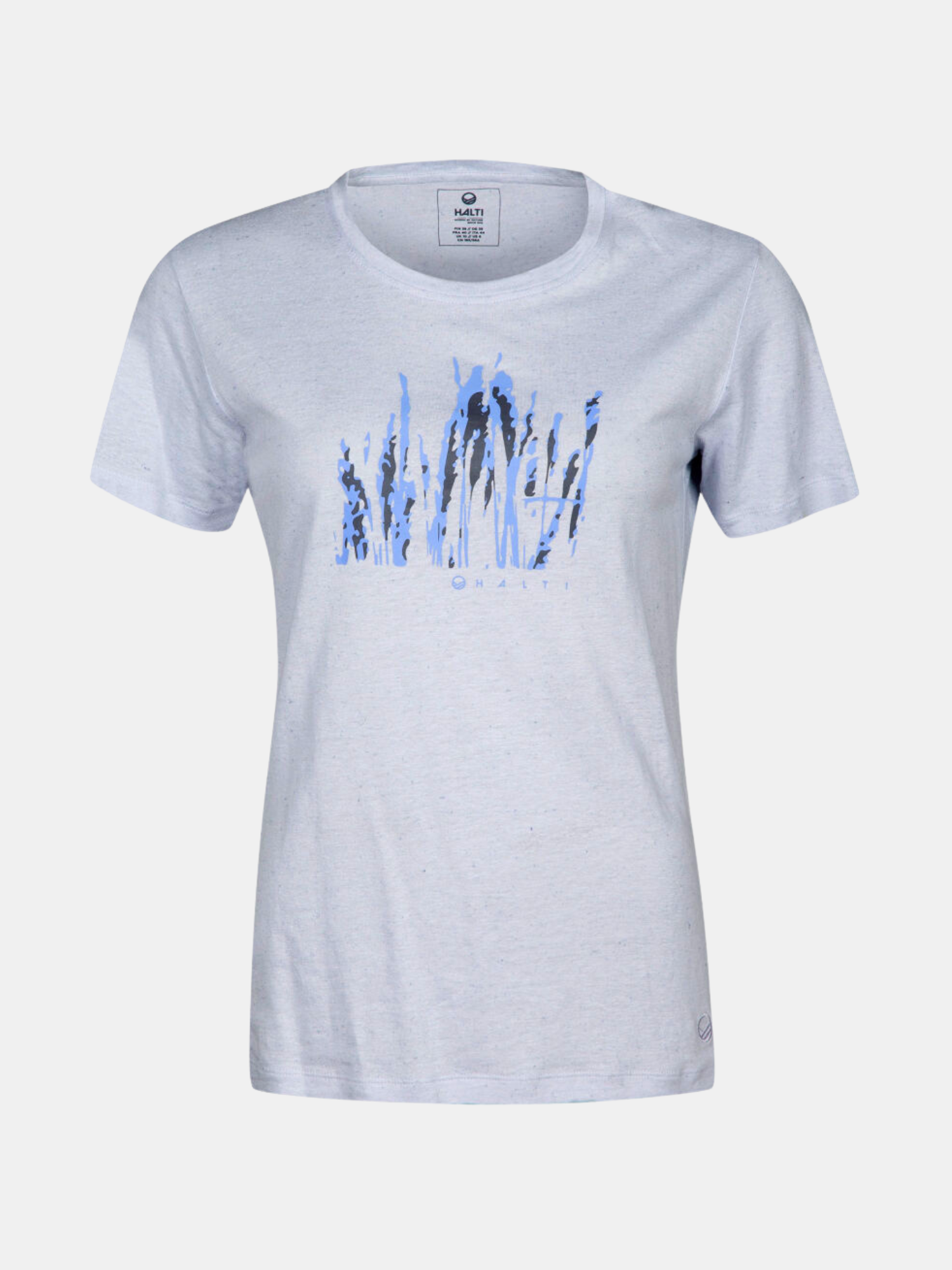 Halti Alanko T-shirt i Linneblandning Dam är vit med ett blått abstrakt grästryck, perfekt för en bekväm sommarlook.