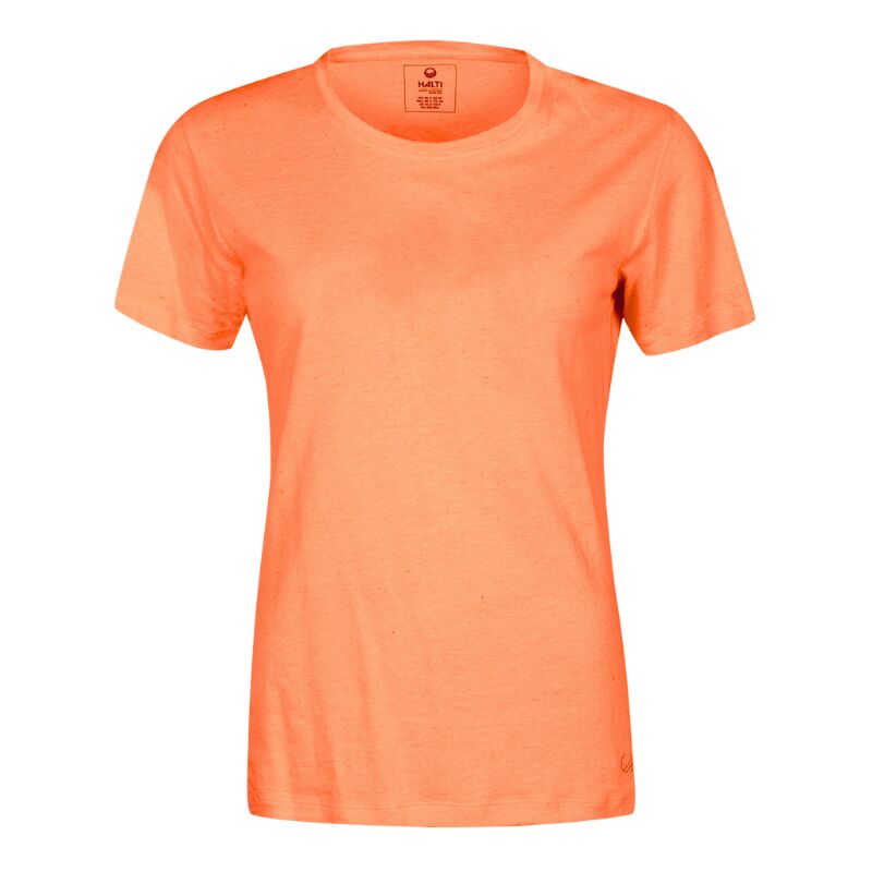 Halti Alanko T-shirt i Linneblandning Dam i enfärgat orange visas mot en vit bakgrund, perfekt för sommardagar.