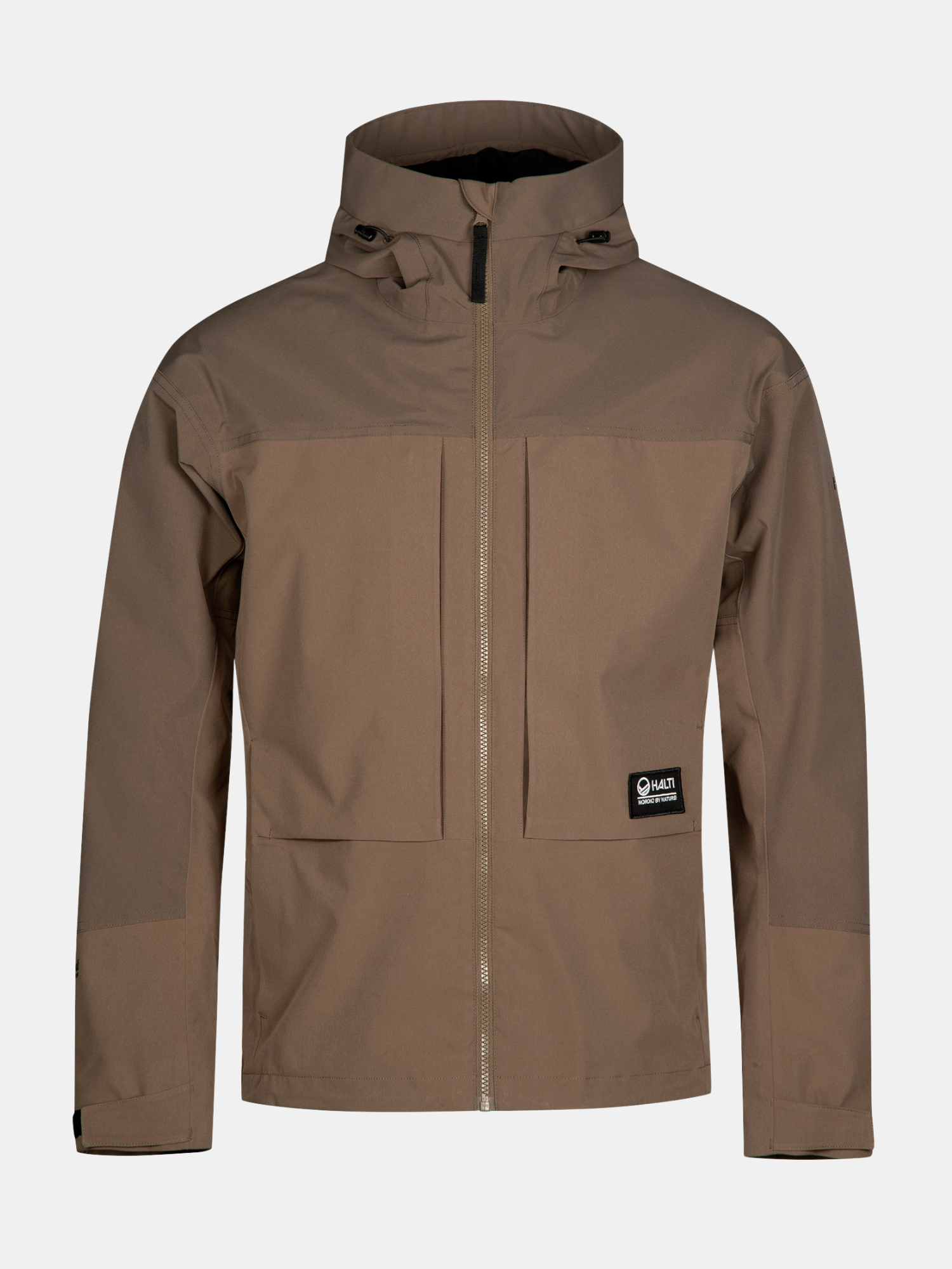 Halti Hiker II DX Skaljacka Herr med huva, dragkedja fram, bröstfickor och en liten svart patch på vänster sida.