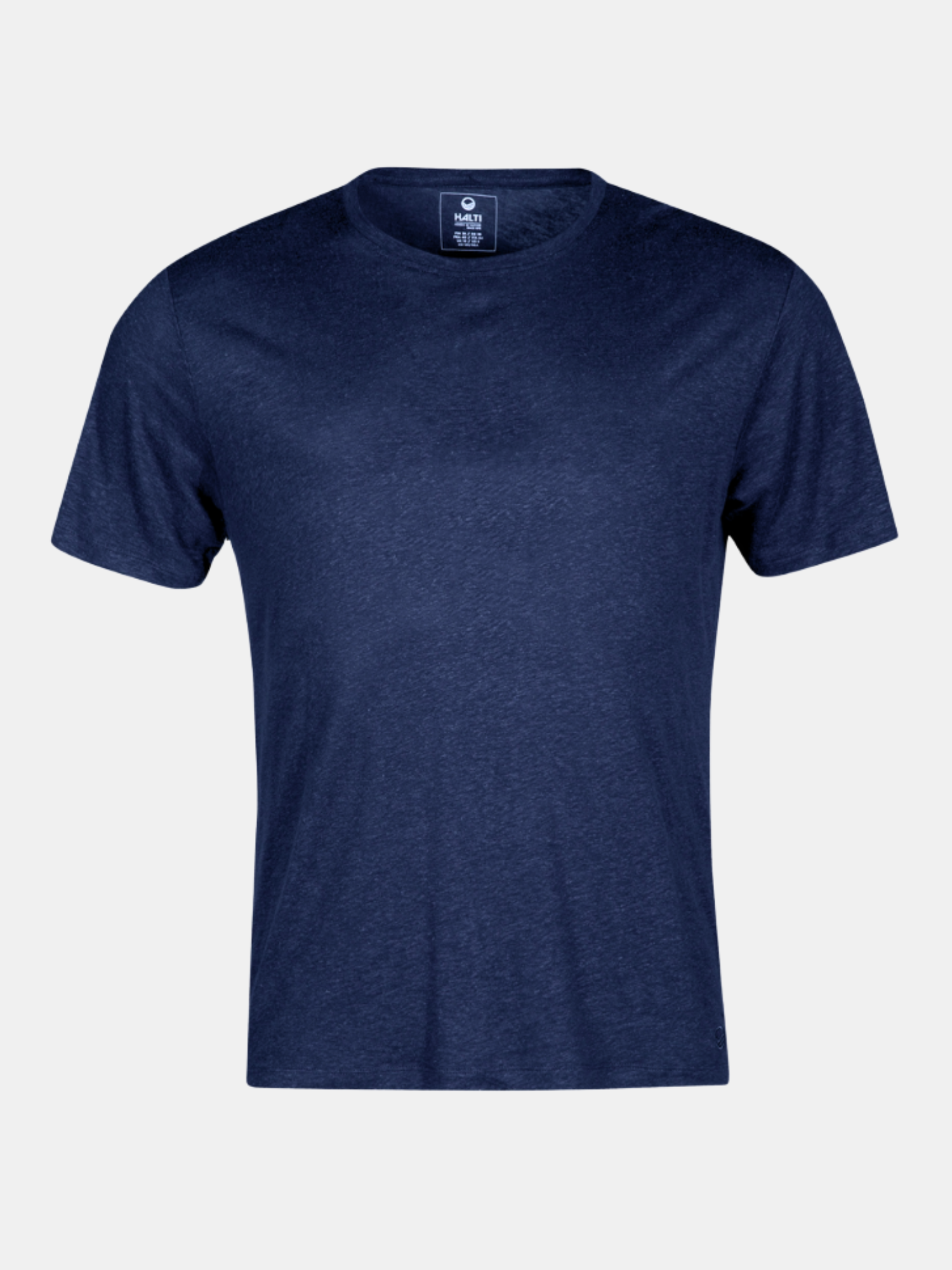Halti Alanko T-shirt i Linneblanding Herr i marinblått med korta ärmar visas mot en ljusgrå bakgrund.