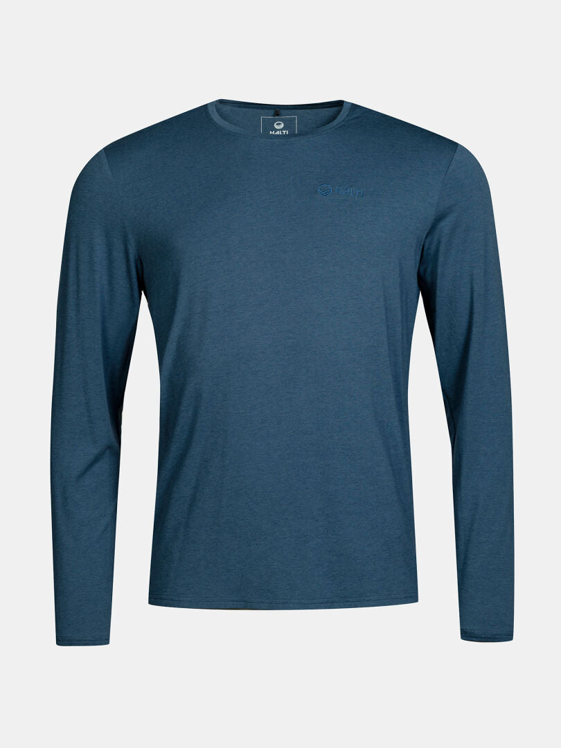 Halti Tuntu II Långärmad Merinotröja Herr i blått med crew neck visa mot vit bakgrund.