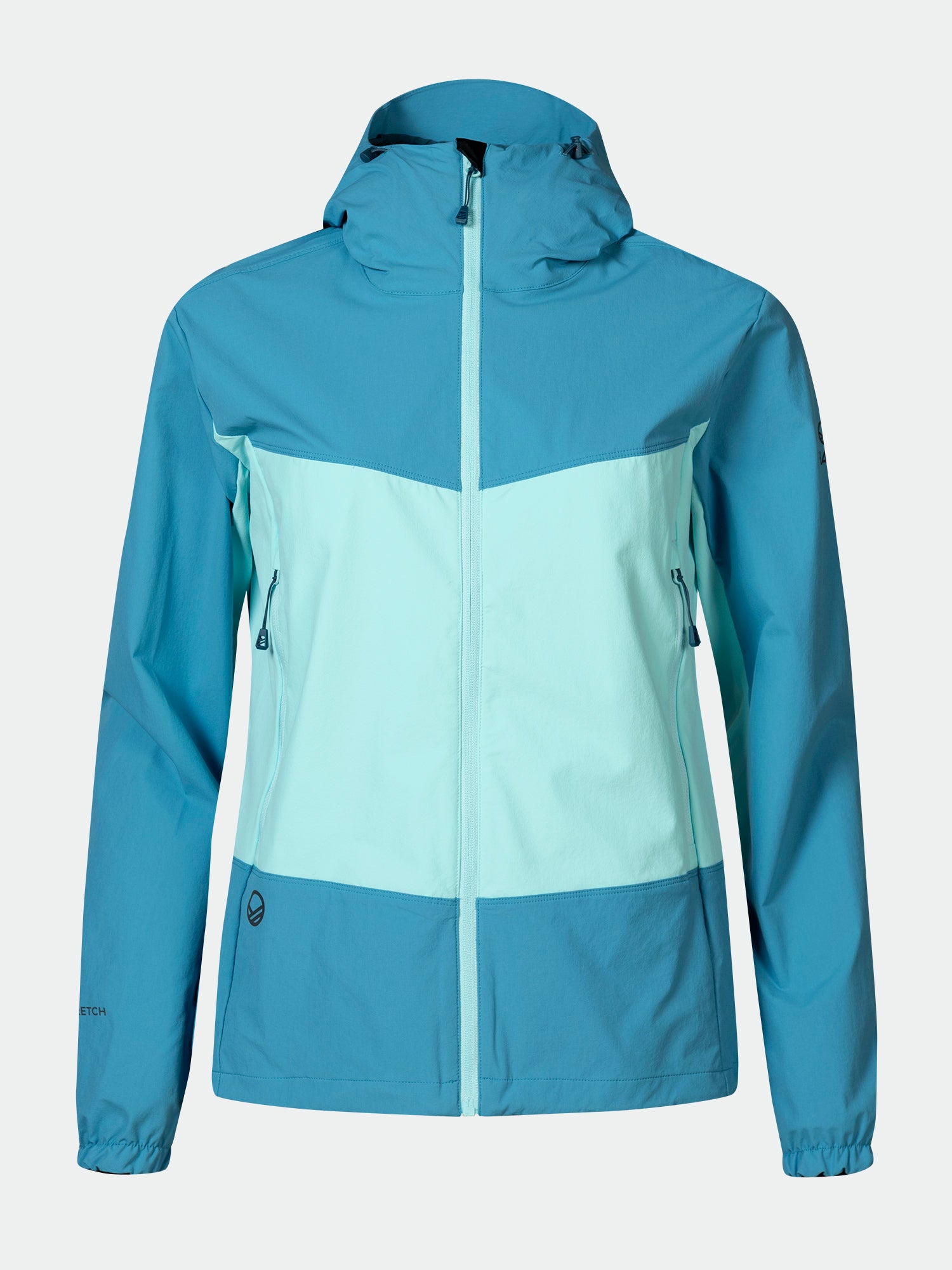 Halti Pallas Evo X-stretch Jacka Dam i tvåfärgad blå med dragkedja fram och sidofickor med dragkedja mot enfärgad bakgrund.