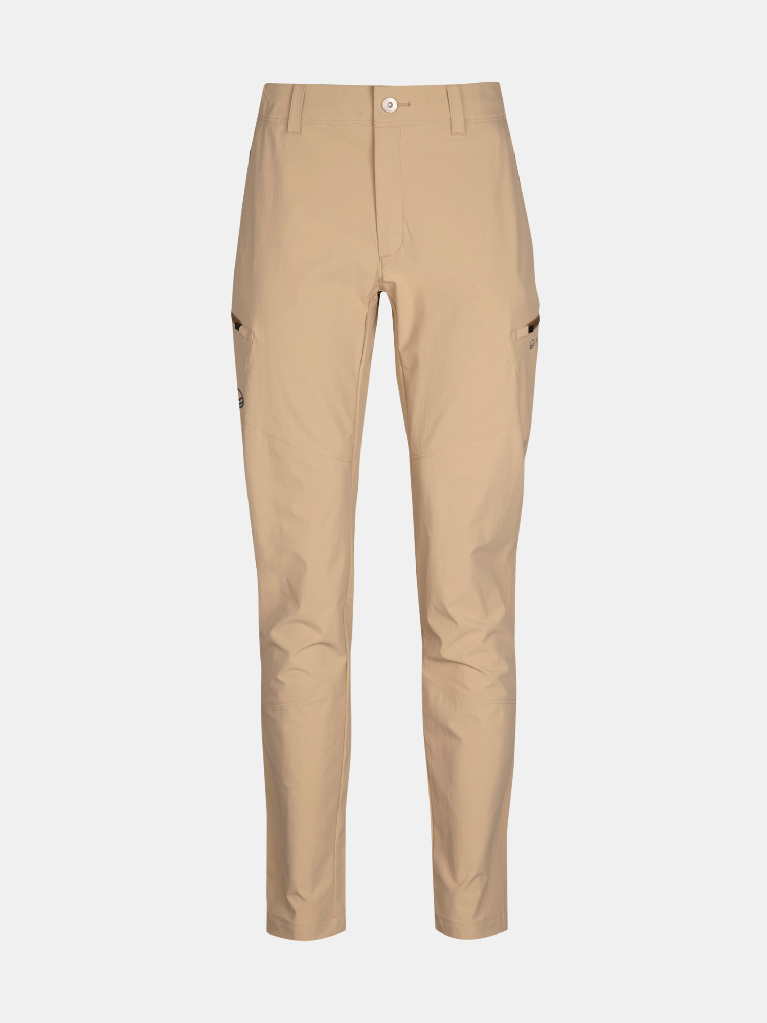 Halti Pallas Evo X-stretch Byxor Dam: beige cargobyxor med smal passform, sidofickor, knappknäppning och bälteshällor.