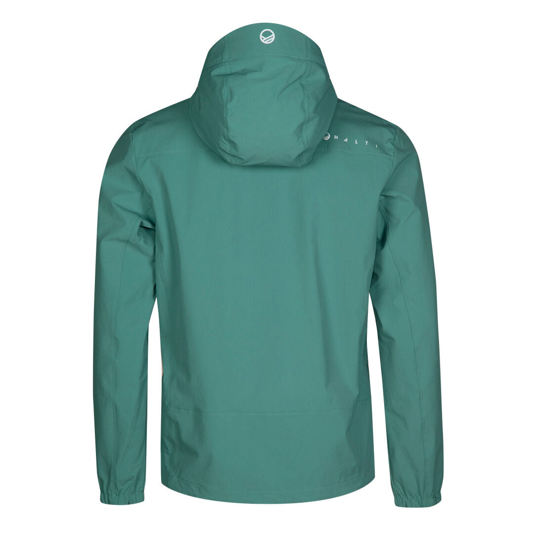 Halti Pallas Evo X-stretch Jacka Herr visas bakifrån i blågrönt med X-stretch-material och en vit logotyp.