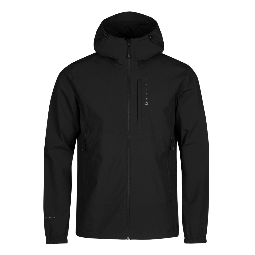 Halti Pallas Evo X-stretch Herr jacka, svart med frontdragkedja, sidfickor och liten bröstficka.