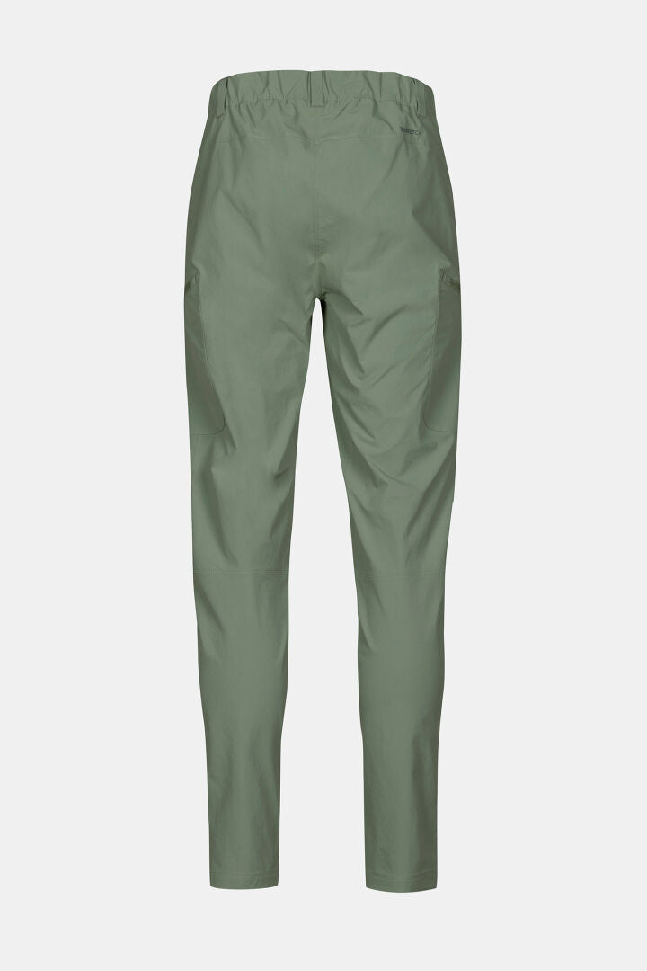Baksidan av Halti Pallas Evo X-stretch Byxor Herr, olivgrön, avsmalnande passform med fickor – perfekt för promenader.