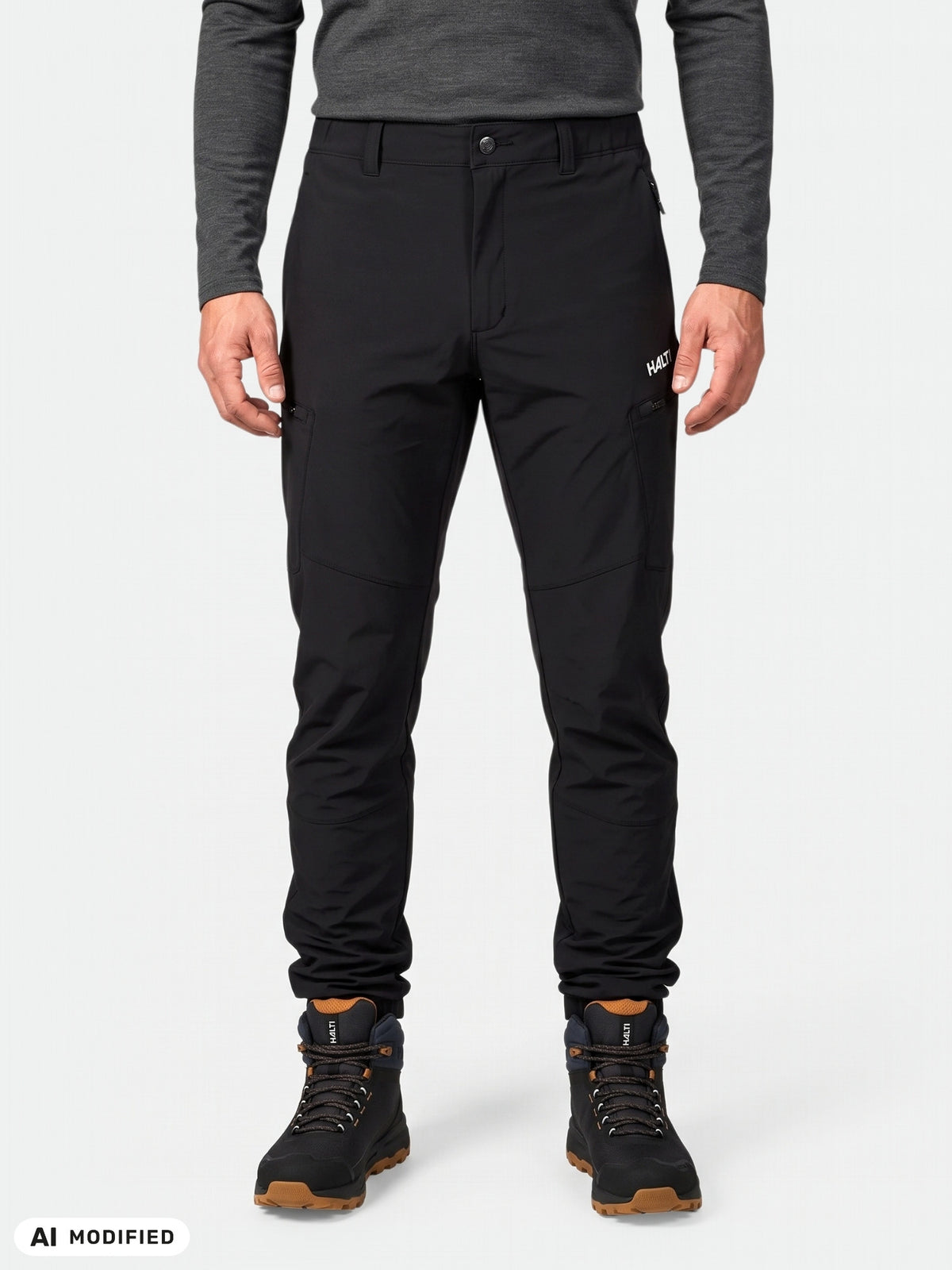 En person klädd i Halti Pallas Evo X-stretch Byxor Herr, en mörk långärmad tröja och vandringskängor står framför en enfärgad bakgrund.