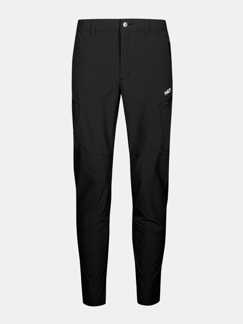 Halti Pallas Evo X-stretch Byxor Herr: svarta byxor med raka ben, bälteshällor, sidofickor och vit logotyp på höger lår.
