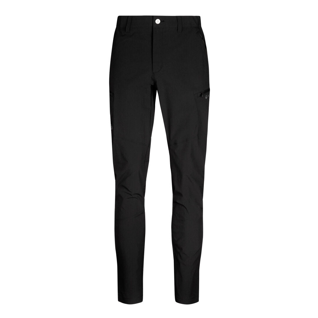 Halti Pallas Evo Long X-stretch Byxor Herr – svarta slim fit-byxor med knapp, dragkedja och sidofickor på vit bakgrund.