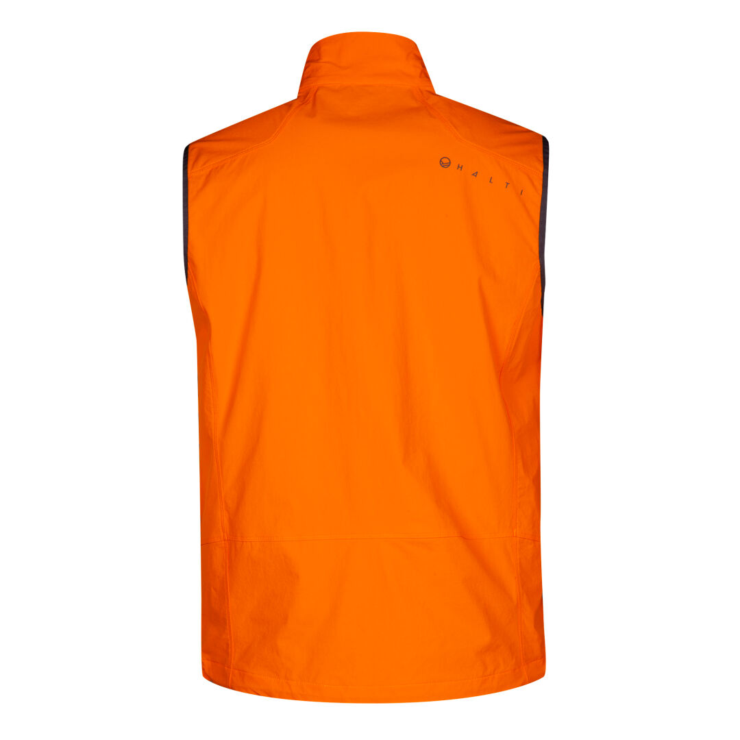 En klarorange Halti Pallas Evo X-stretch Väst Herr, ärmlös, visad bakifrån med en liten logotyp uppe till höger.